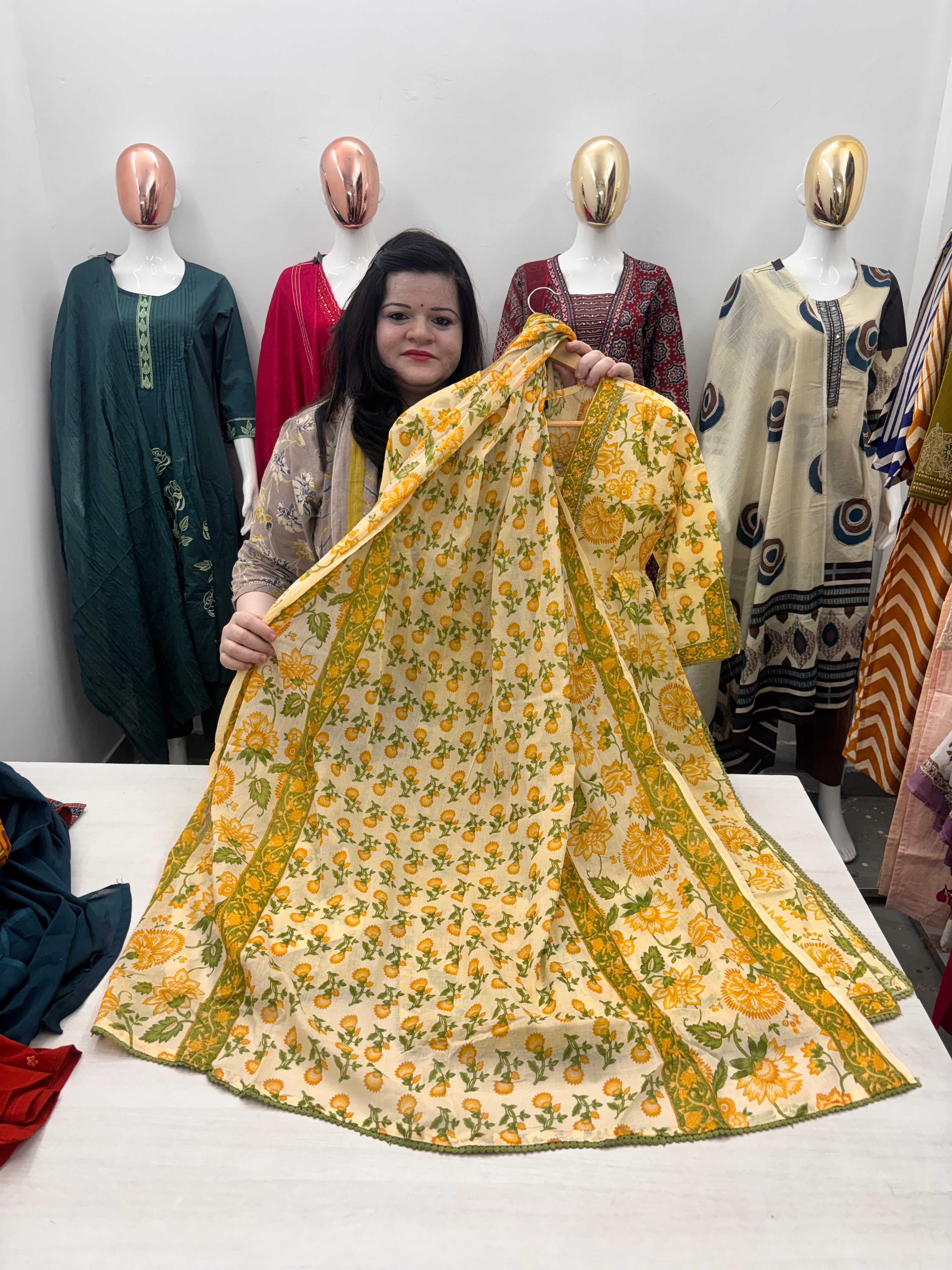 Cotton floral print designer pintex straight kurta with stylish pant