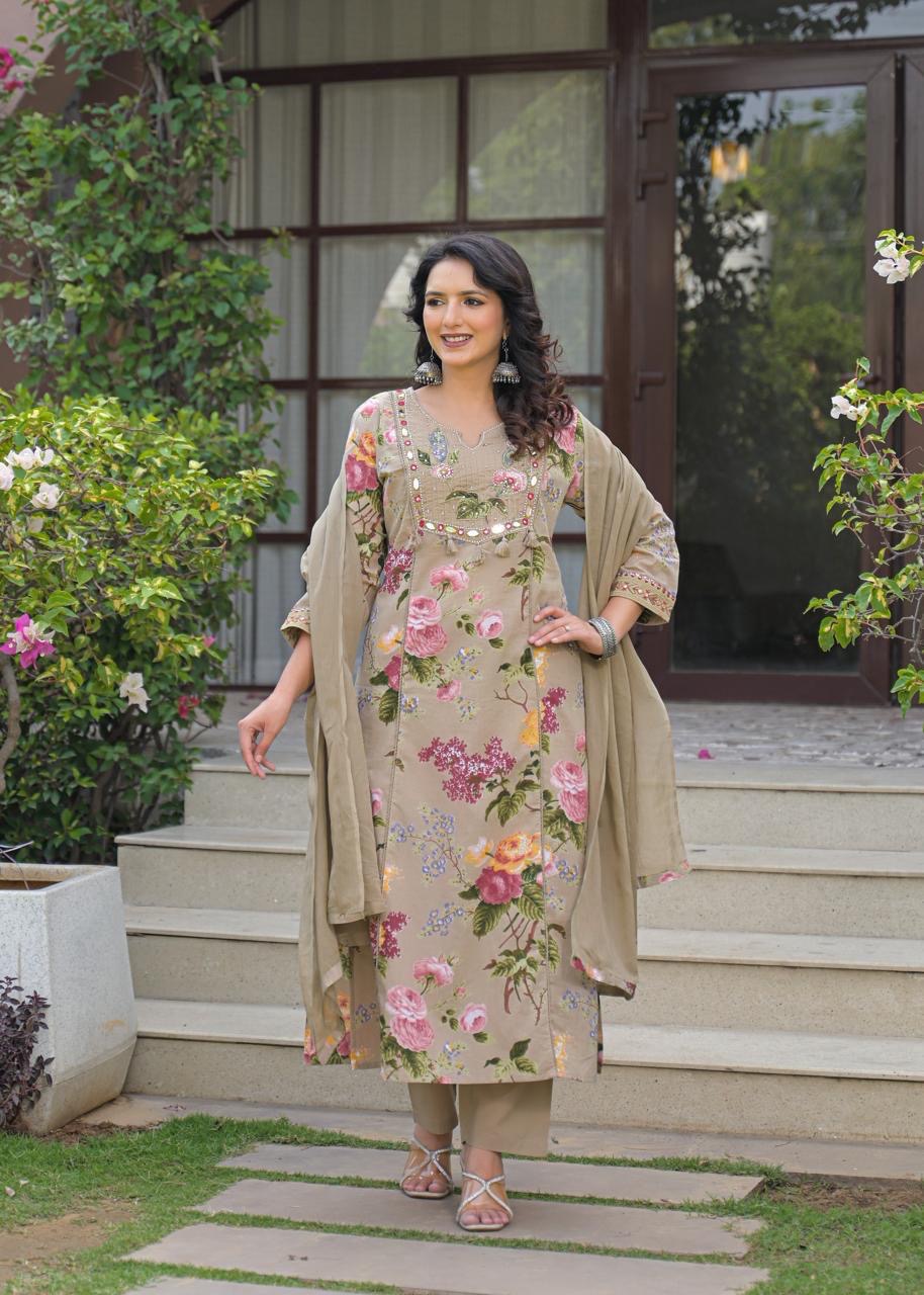 Beige brown straight A line with real mirror work in Pure Cotton