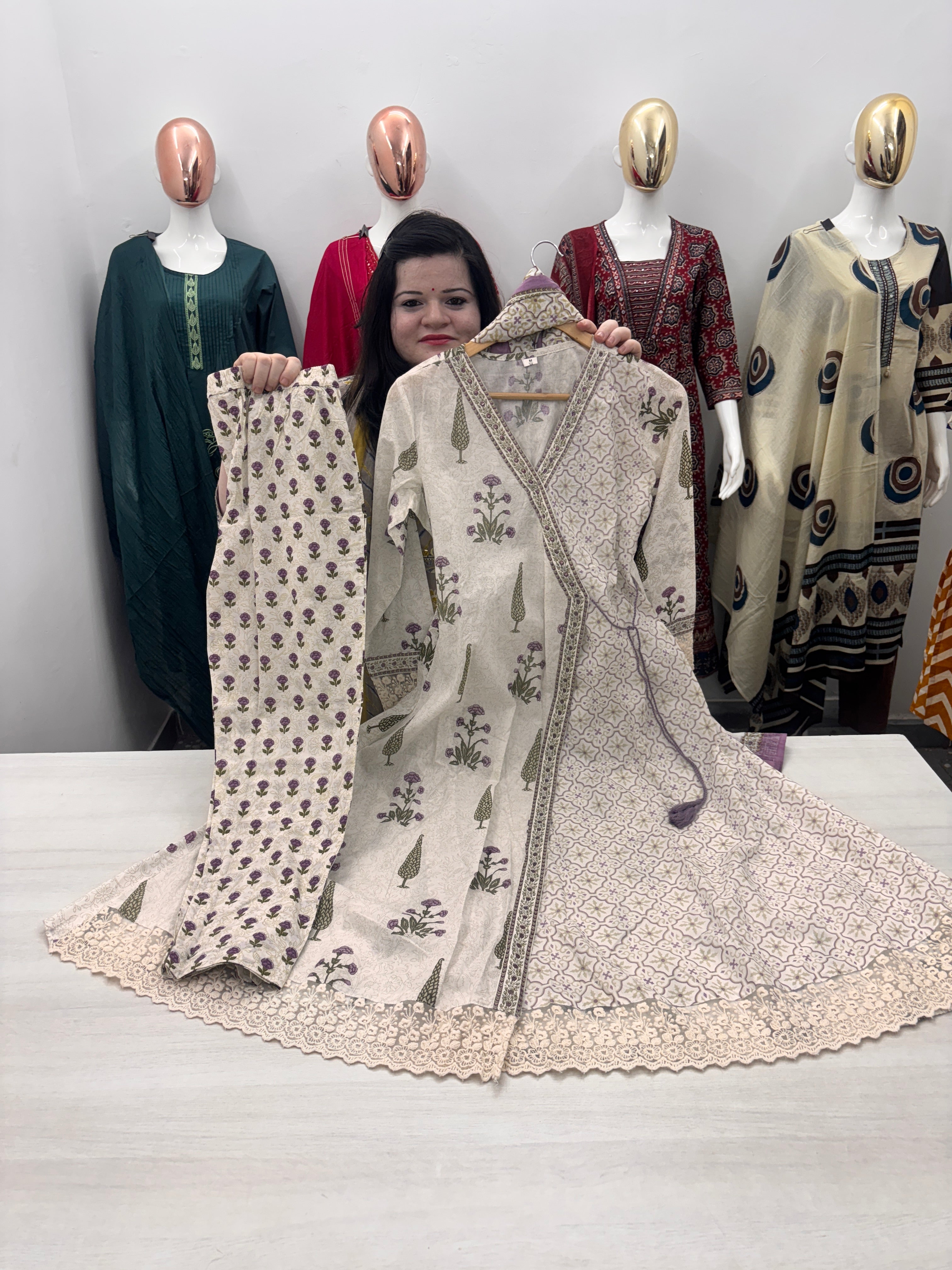 Angrakha Anarkali with full sleeves, straight pant & dupatta