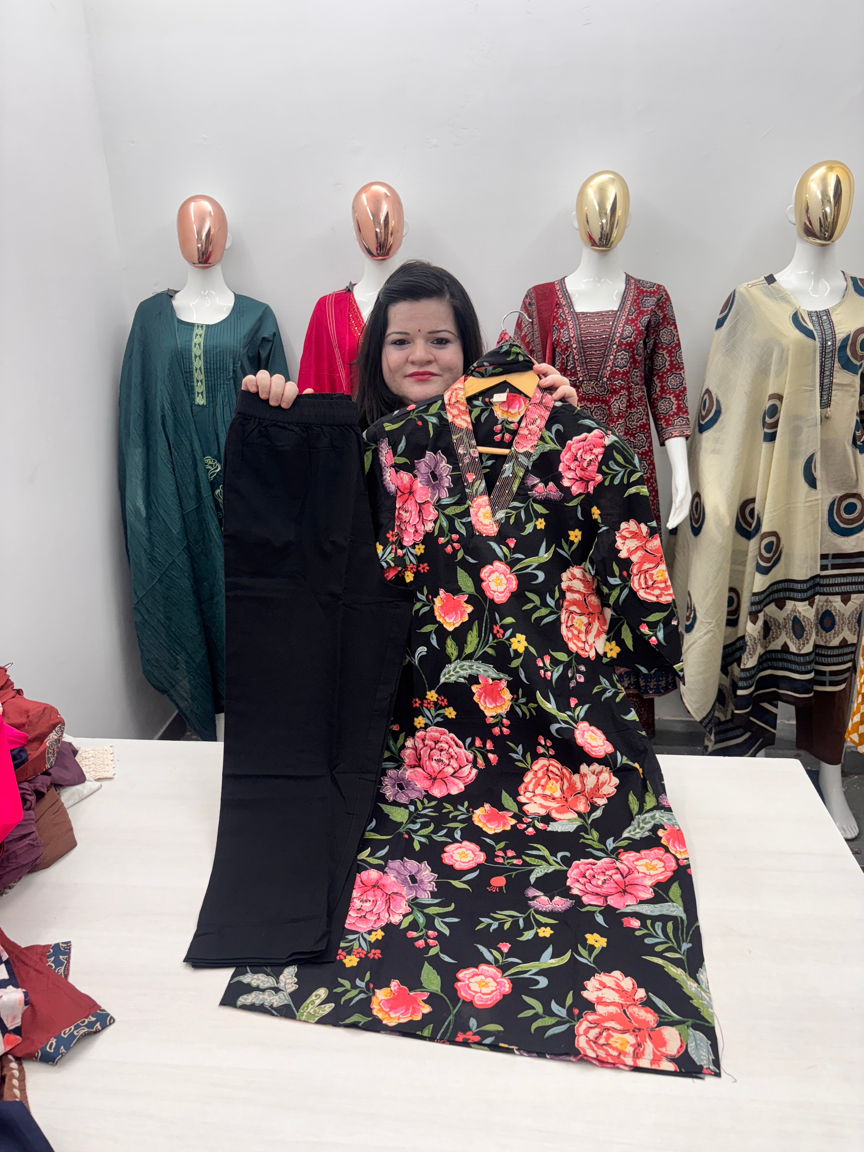 Black floral print straight dupatta set