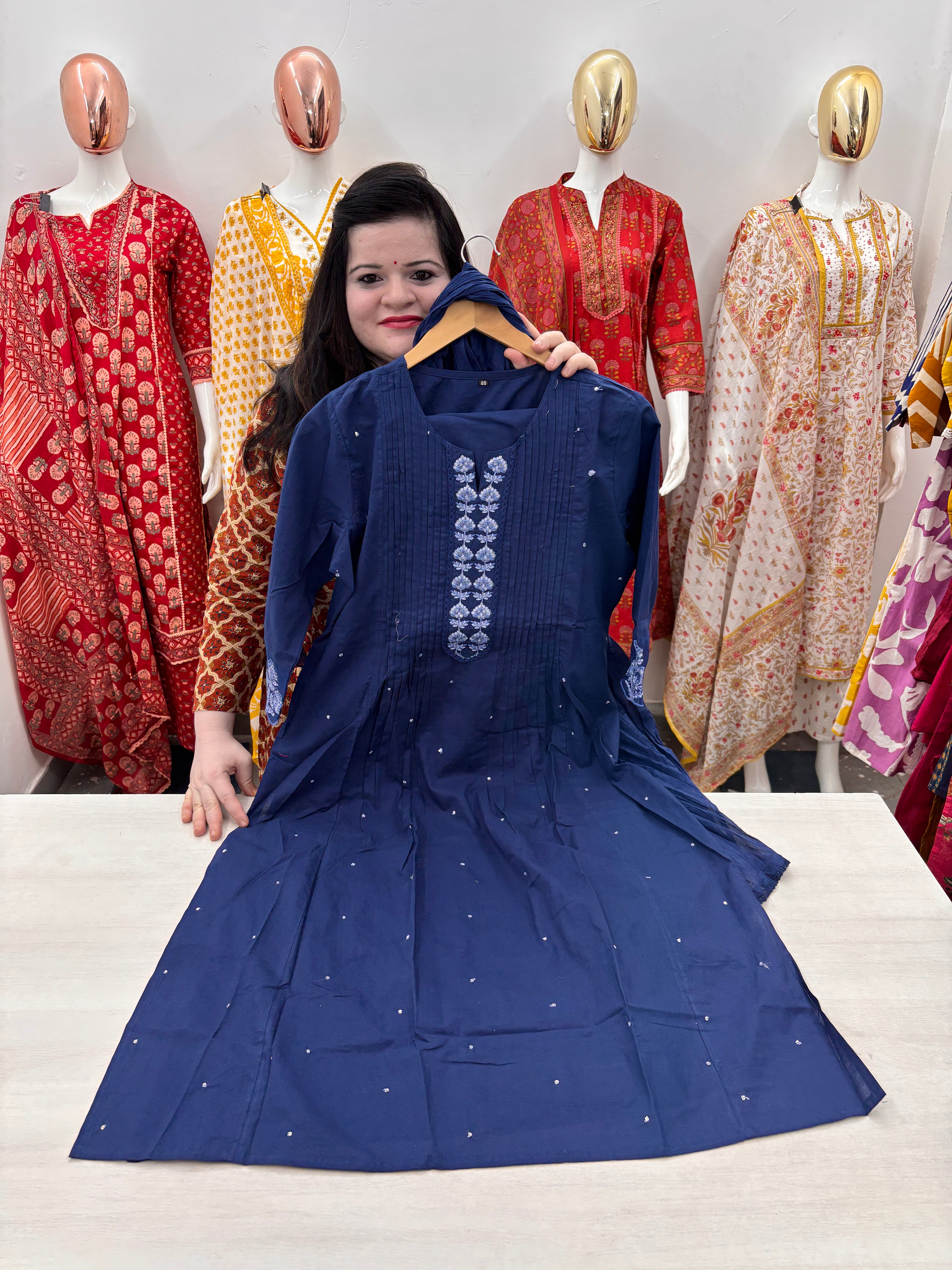 Premium Cotton A line Pintex Kurta with Plazzo Bottom, Organza embroidered lace detailing