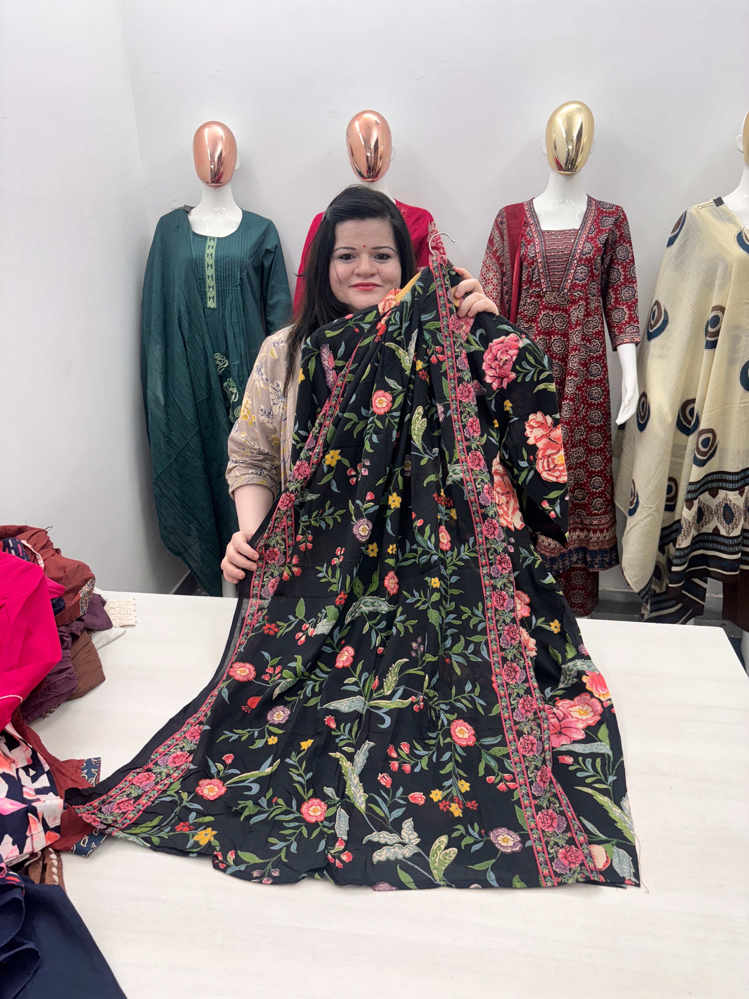 Black floral print straight dupatta set