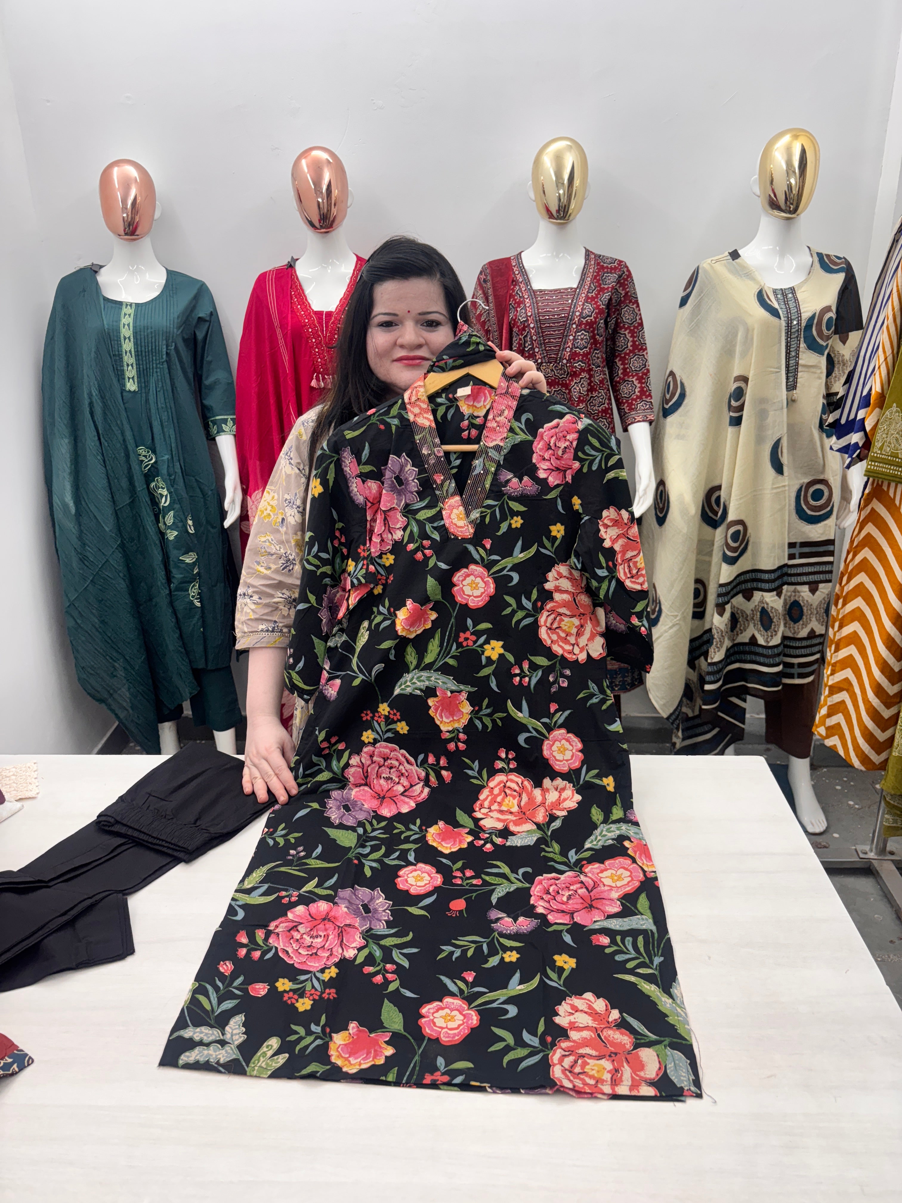 Black floral print straight dupatta set