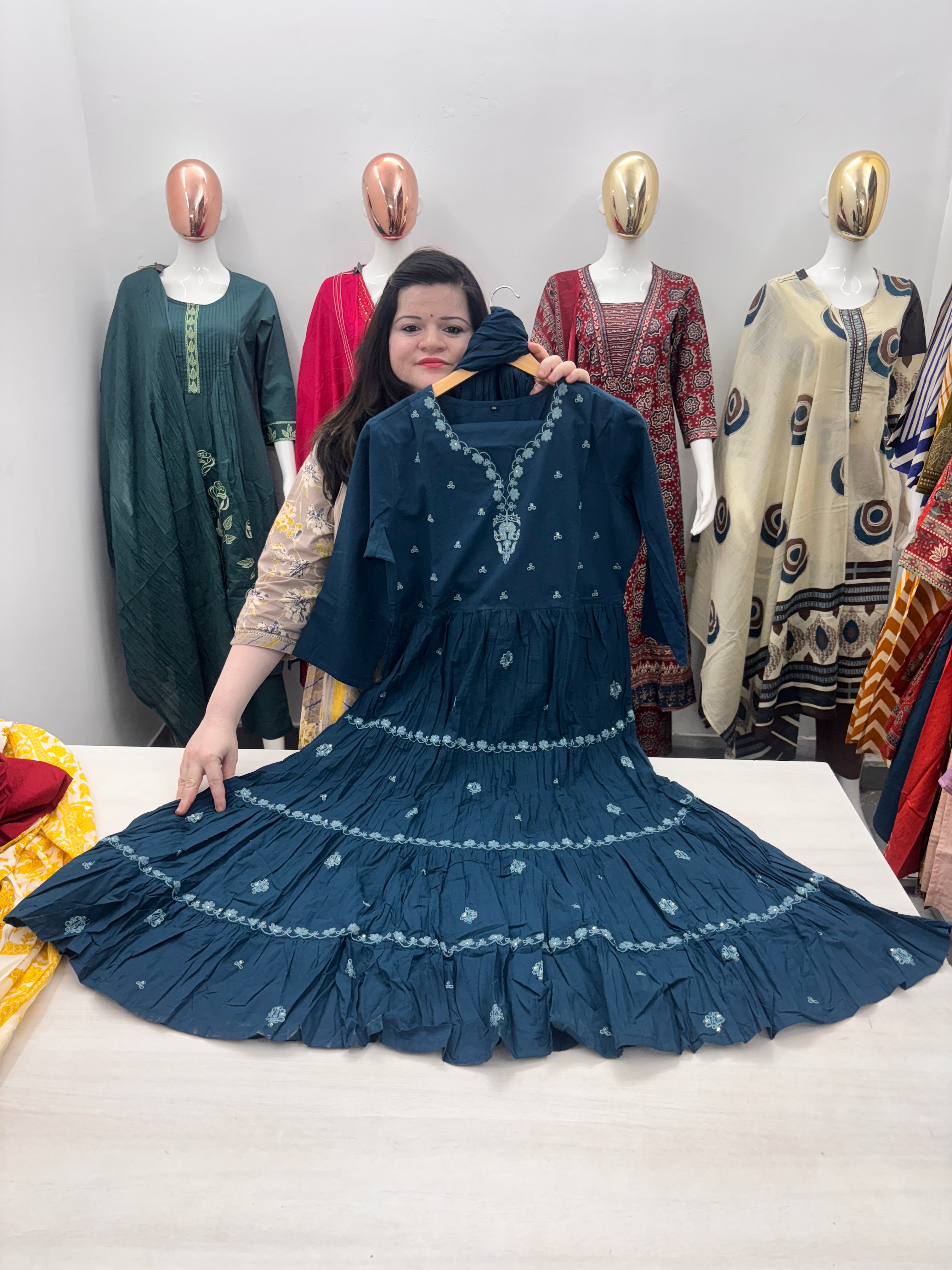 Pure cotton Anarkali embroidery Tier pattern dupatta set