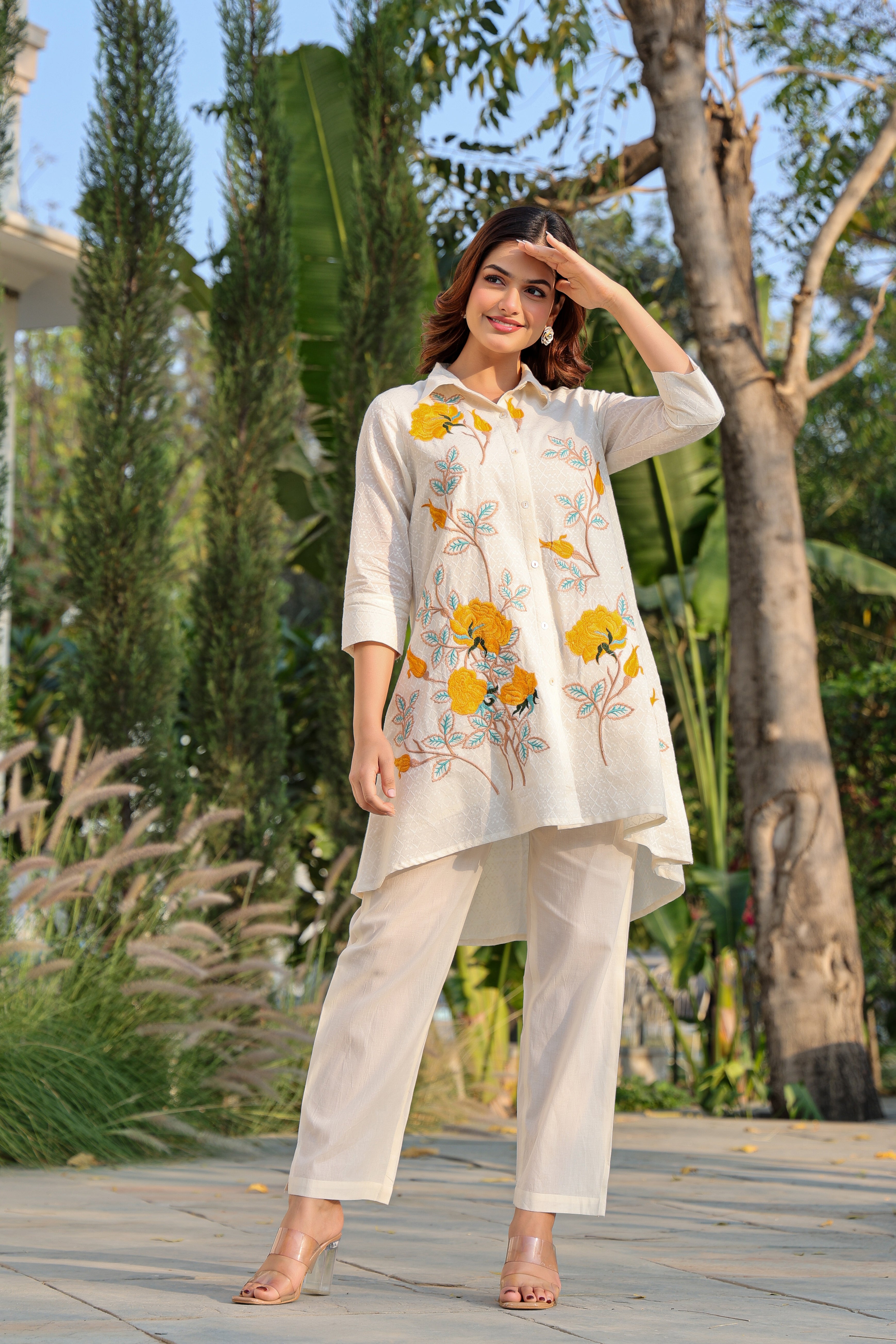 Ivory Yellow Floral Embroidered High-Low Kurta Pant Set for Women | Premium Indo Western Cotton Co-ord Set
