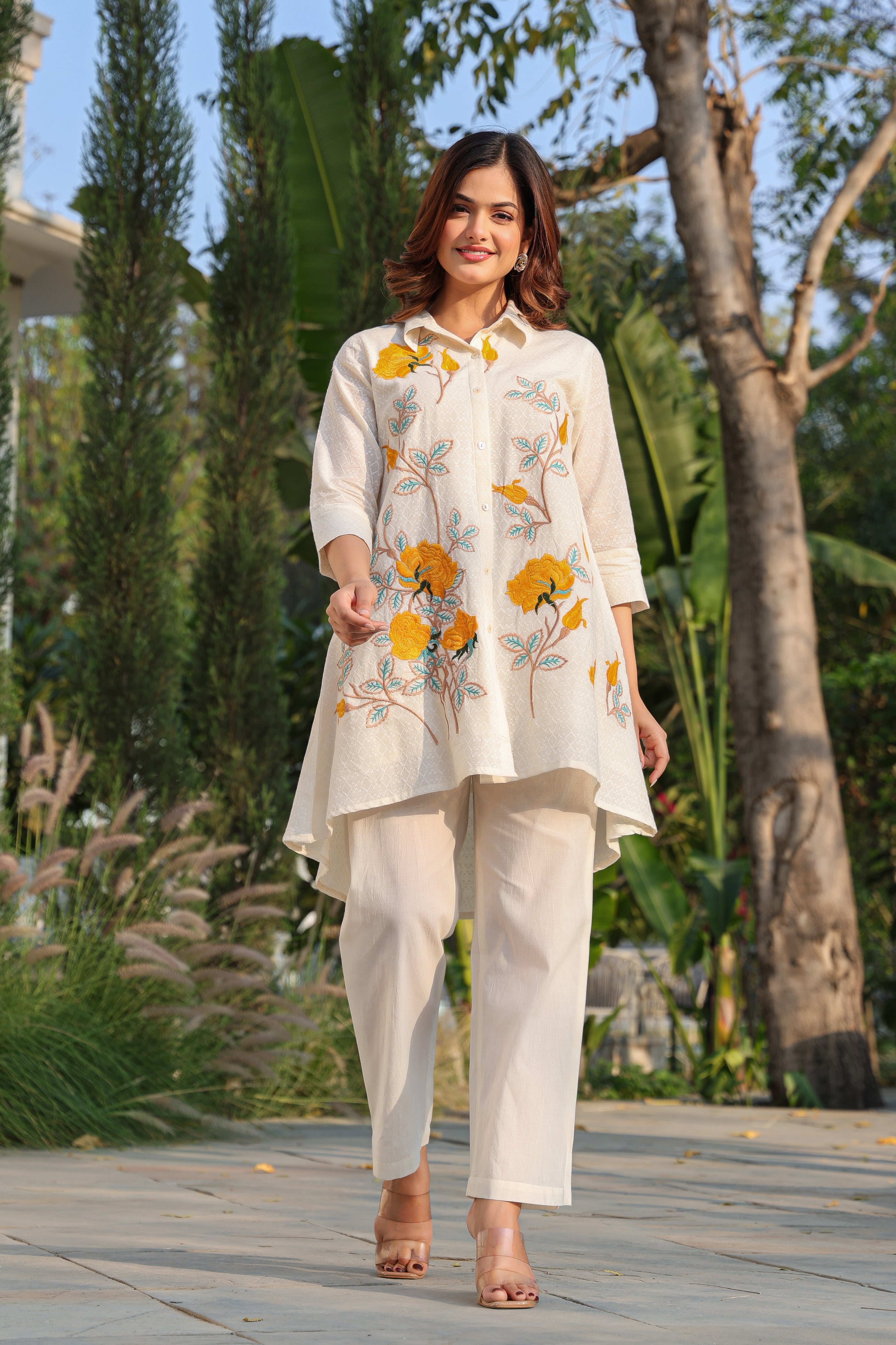 Ivory Yellow Floral Embroidered High-Low Kurta Pant Set for Women | Premium Indo Western Cotton Co-ord Set