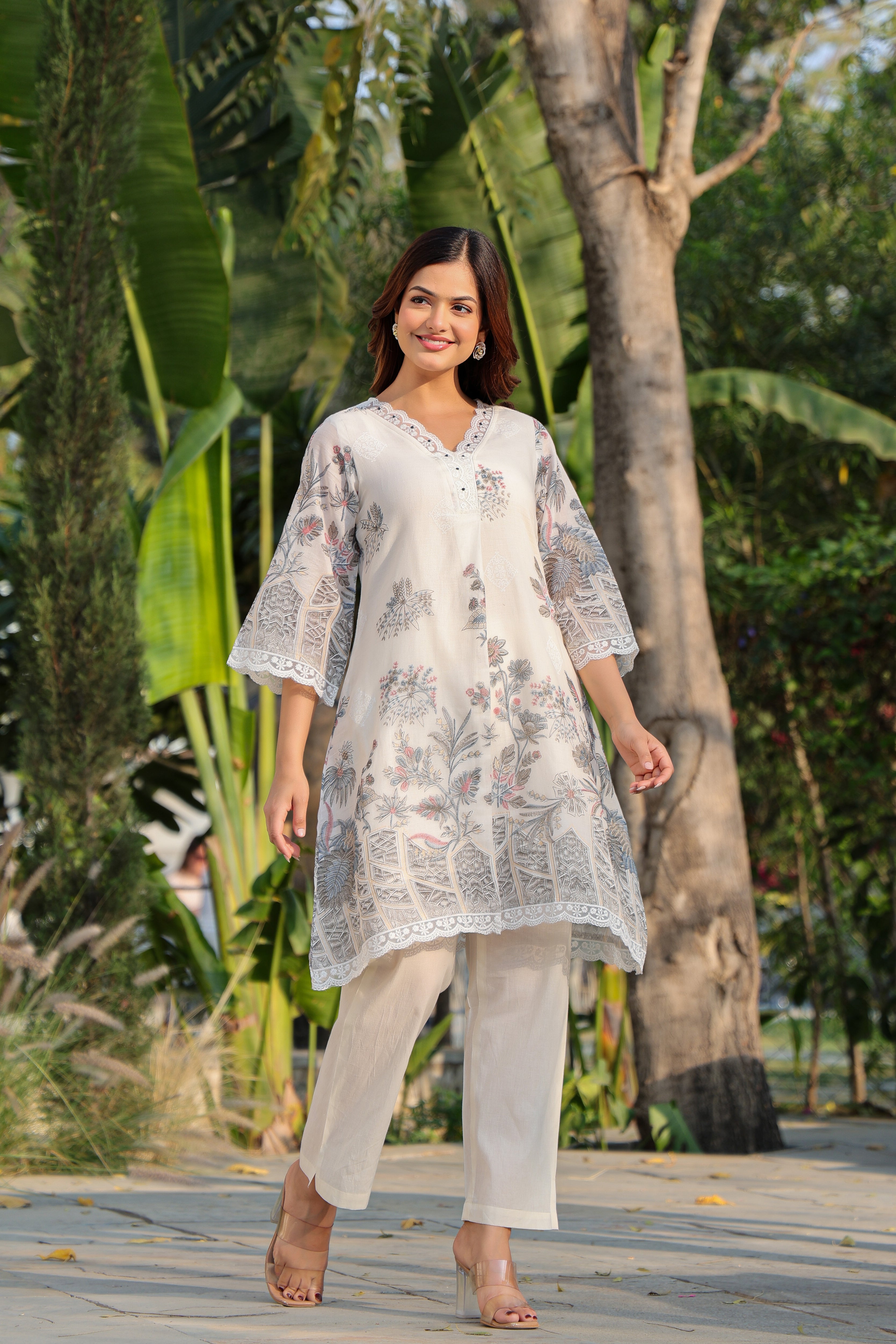 Ivory Floral Printed A-Line Kurta Pant Set for Women | Pastel Jaipuri Style Co-Ord Set | Elegant V-Neck Ethnic Wear with Lace Detail
