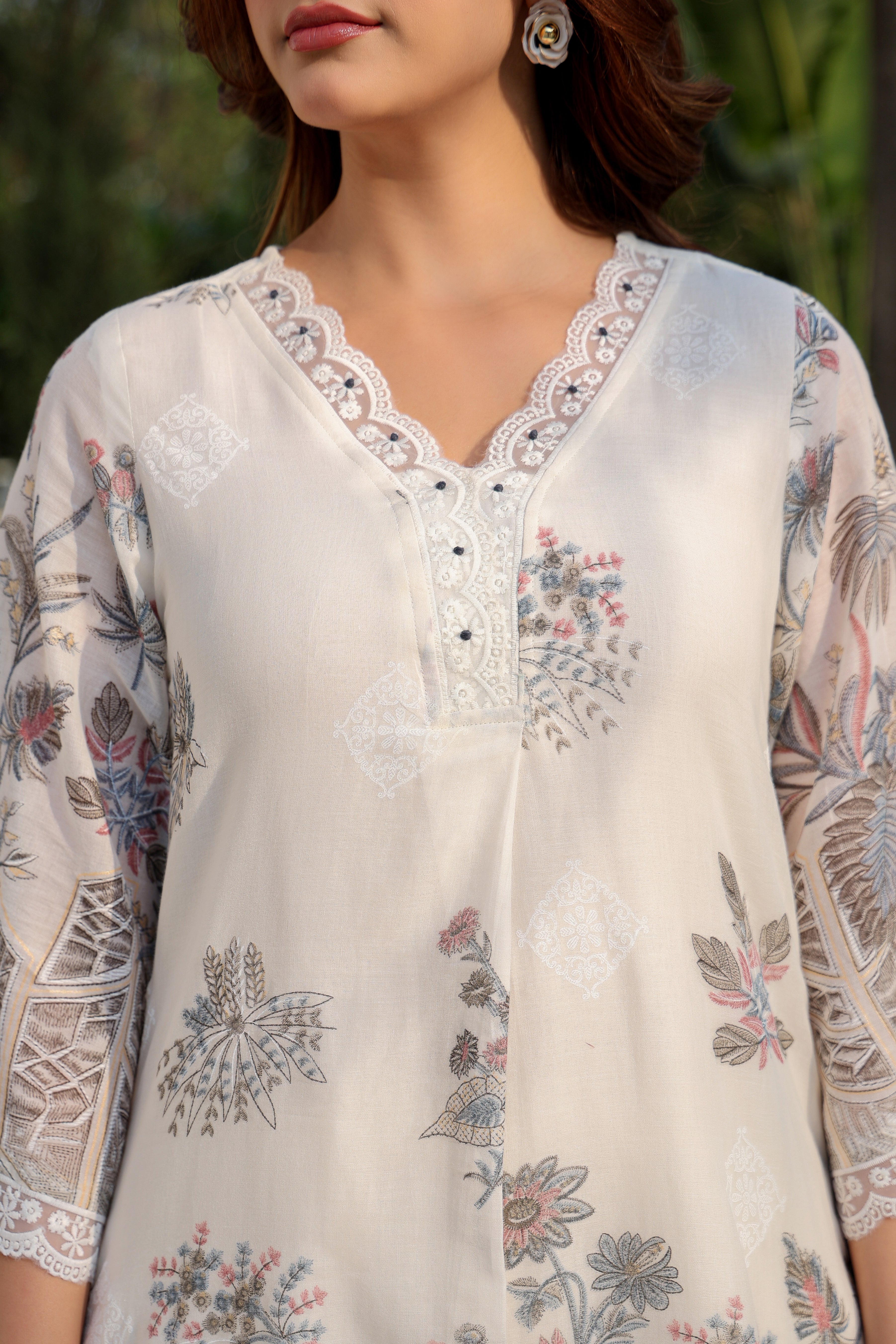 Ivory Floral Printed A-Line Kurta Pant Set for Women | Pastel Jaipuri Style Co-Ord Set | Elegant V-Neck Ethnic Wear with Lace Detail