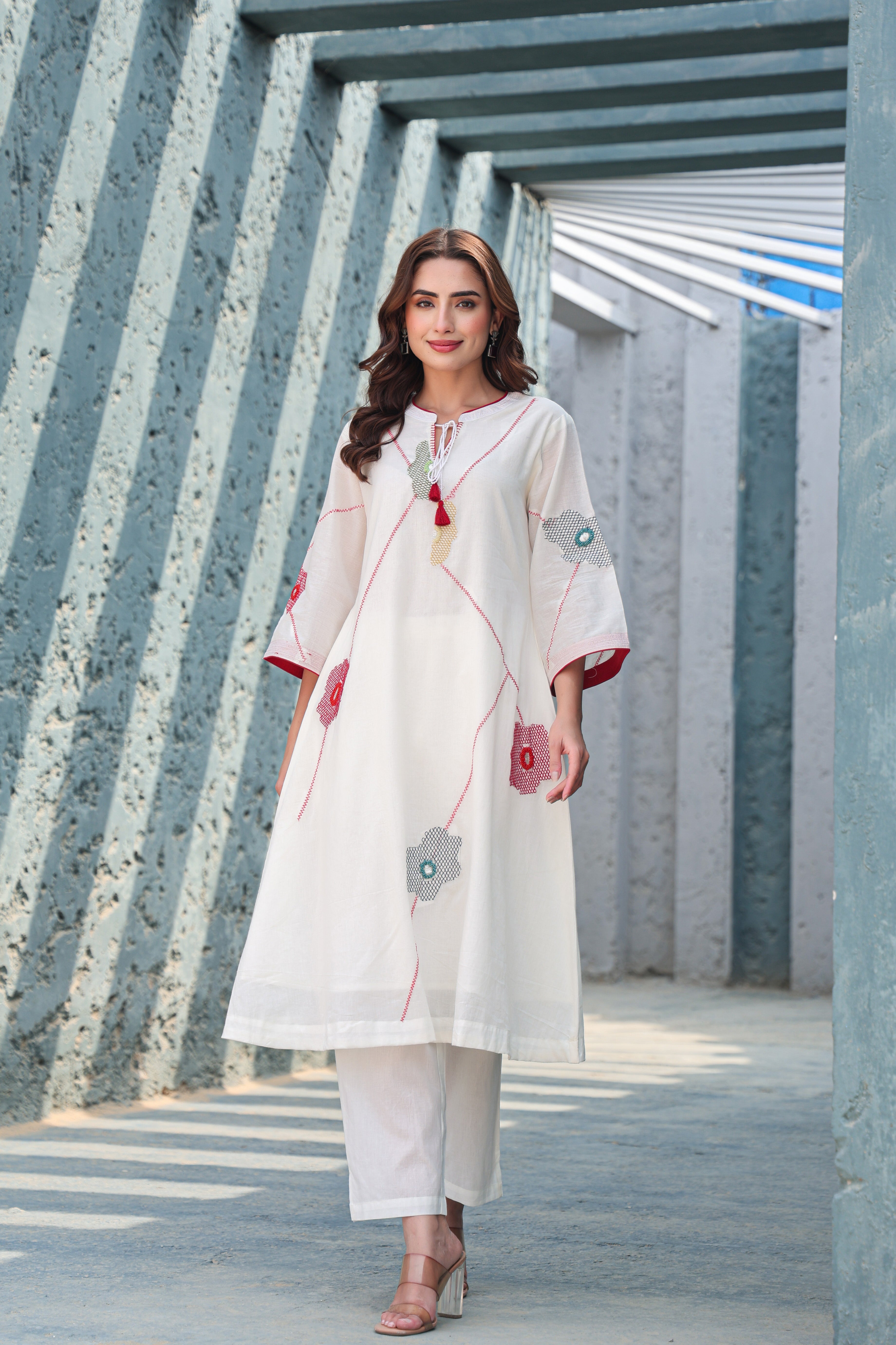 Ivory Cotton A-Line Kurta Pant Set for Women | Hand Embroidered Floral Indo-Western Kurti with Straight Pants | Summer Ethnic Co-ord Set