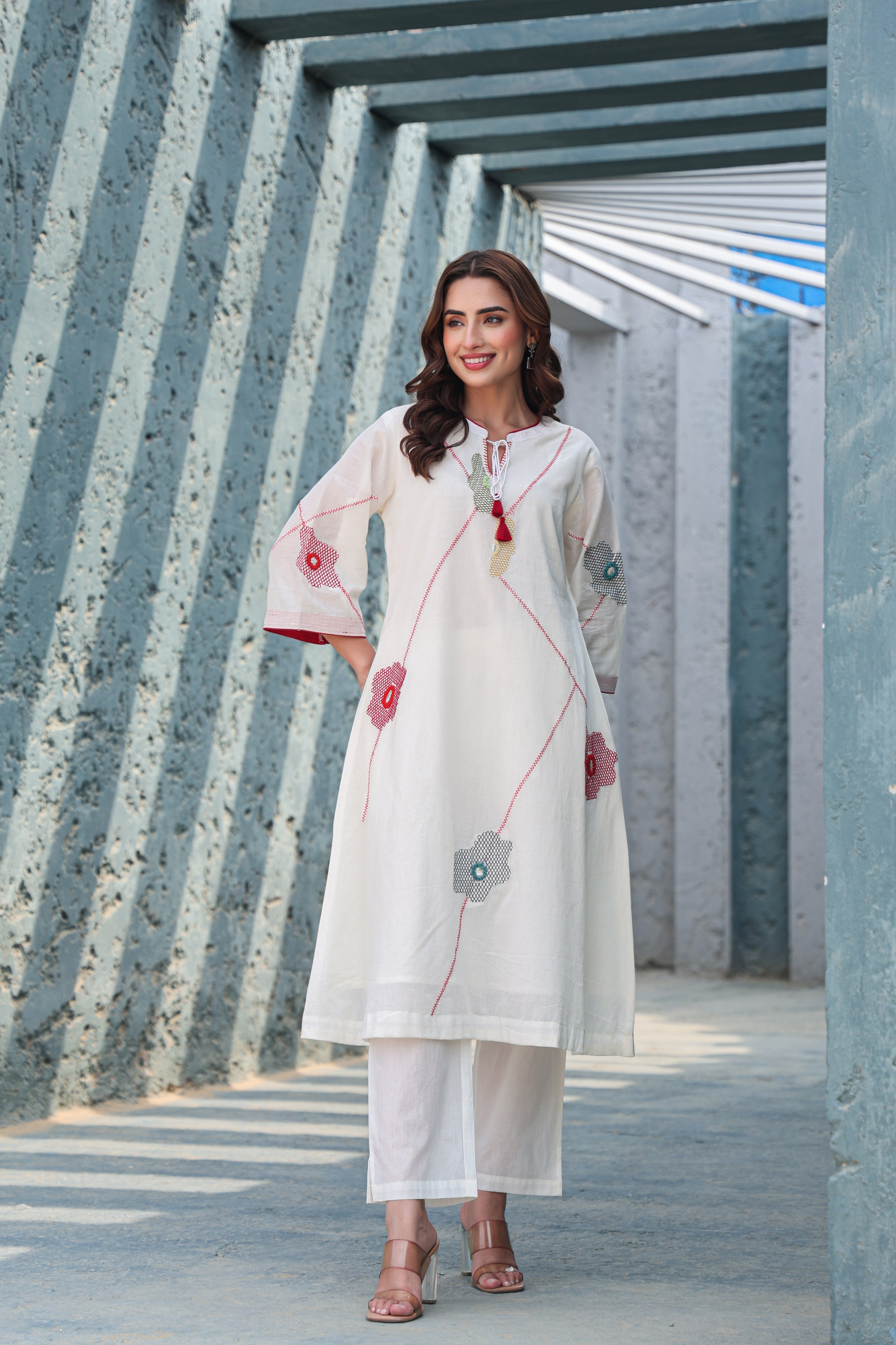 Ivory Cotton A-Line Kurta Pant Set for Women | Hand Embroidered Floral Indo-Western Kurti with Straight Pants | Summer Ethnic Co-ord Set