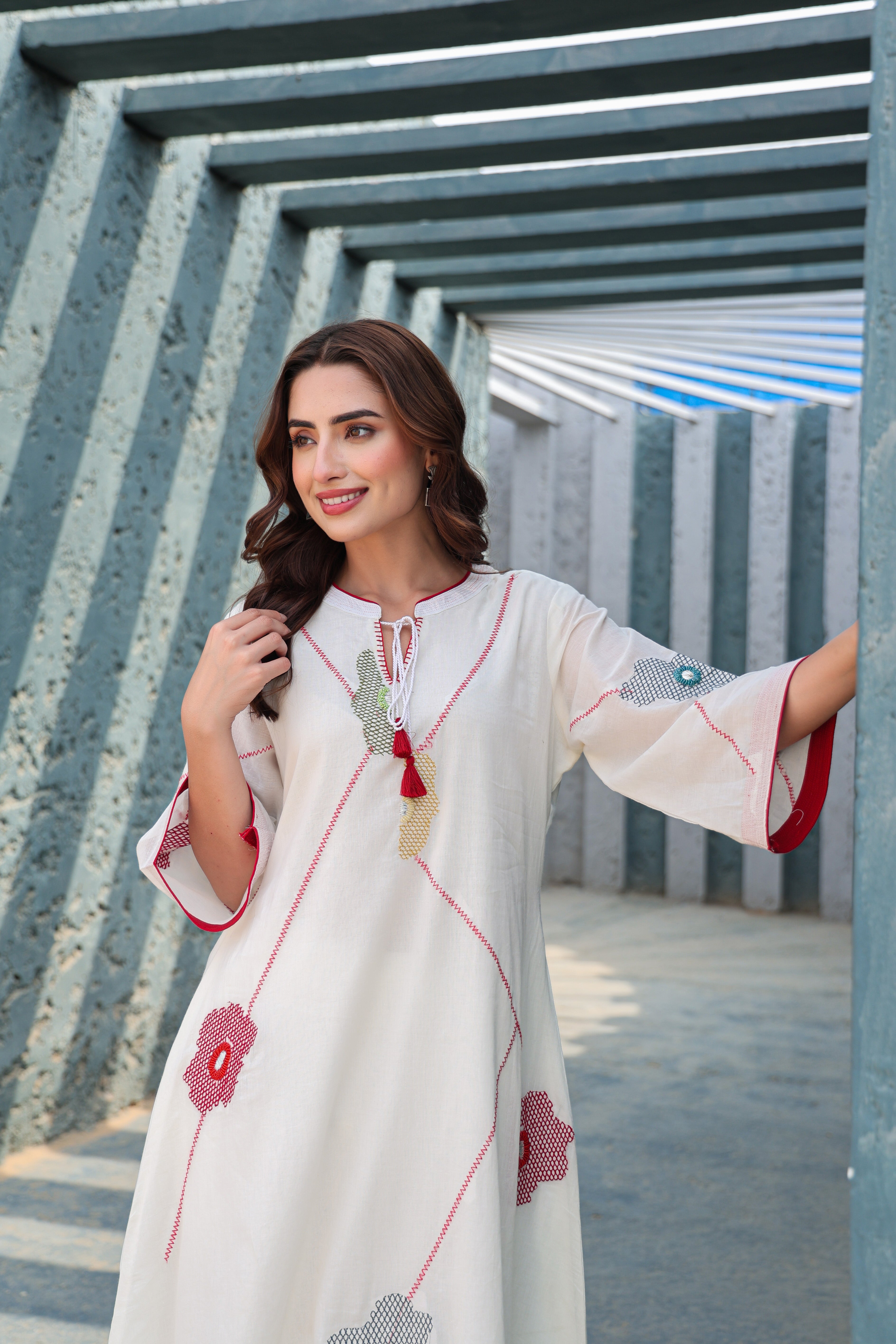 Ivory Cotton A-Line Kurta Pant Set for Women | Hand Embroidered Floral Indo-Western Kurti with Straight Pants | Summer Ethnic Co-ord Set