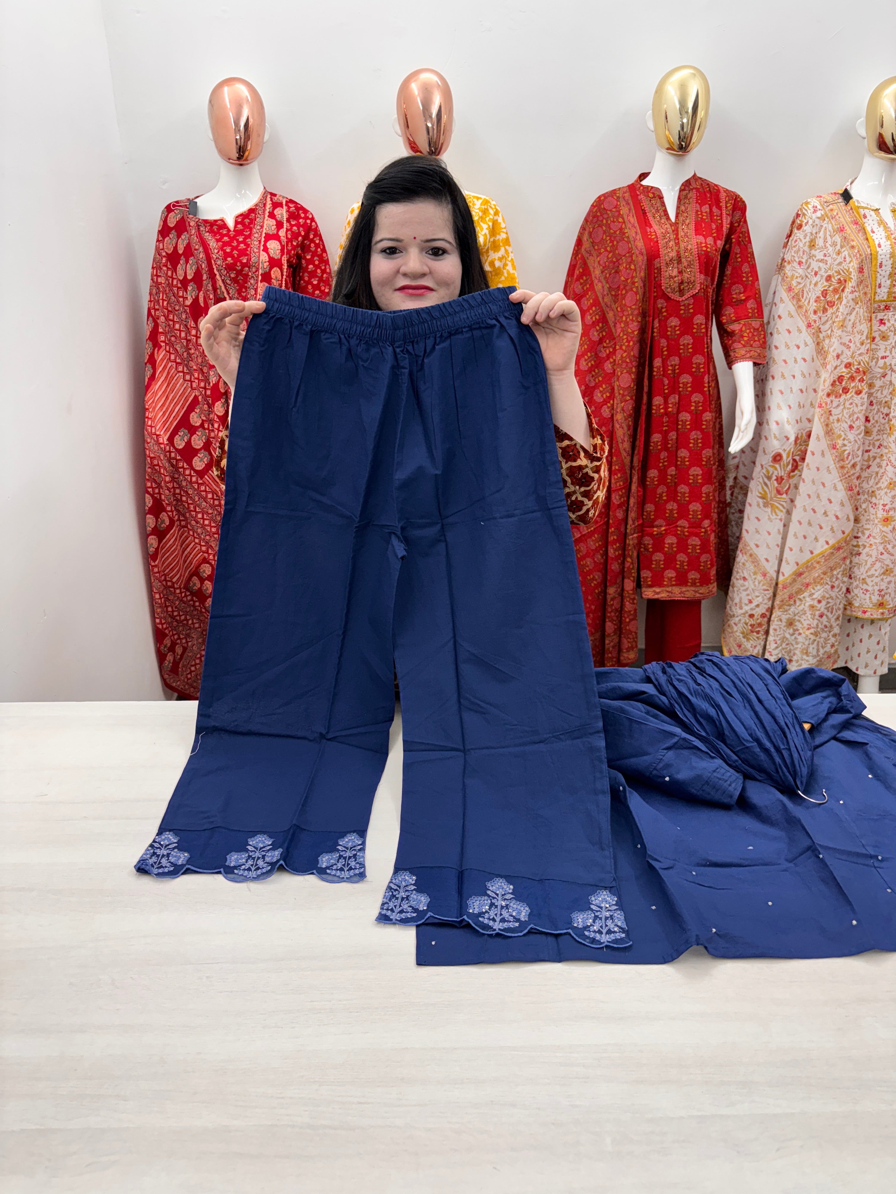 Premium Cotton A line Pintex Kurta with Plazzo Bottom, Organza embroidered lace detailing