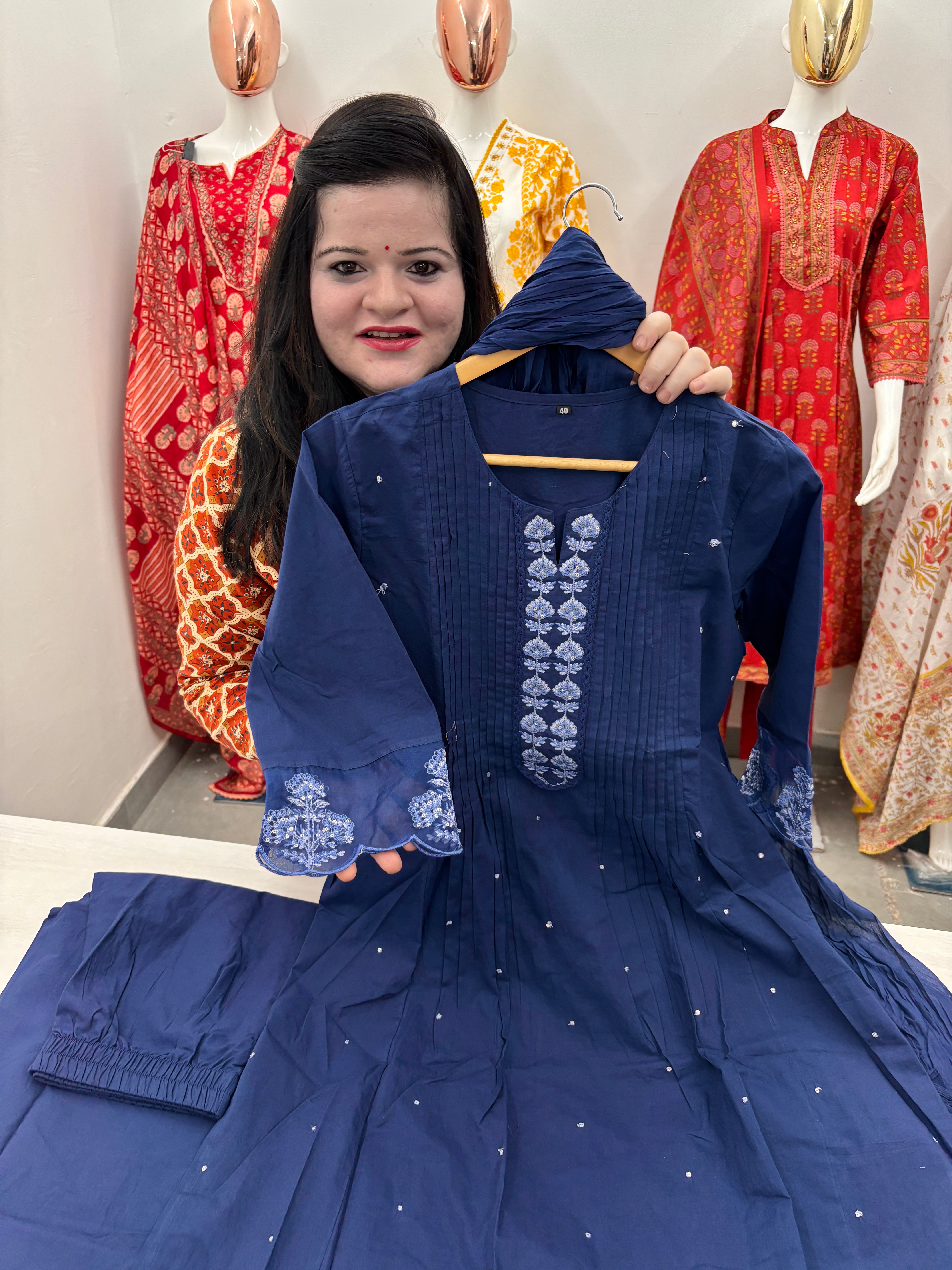 Premium Cotton A line Pintex Kurta with Plazzo Bottom, Organza embroidered lace detailing