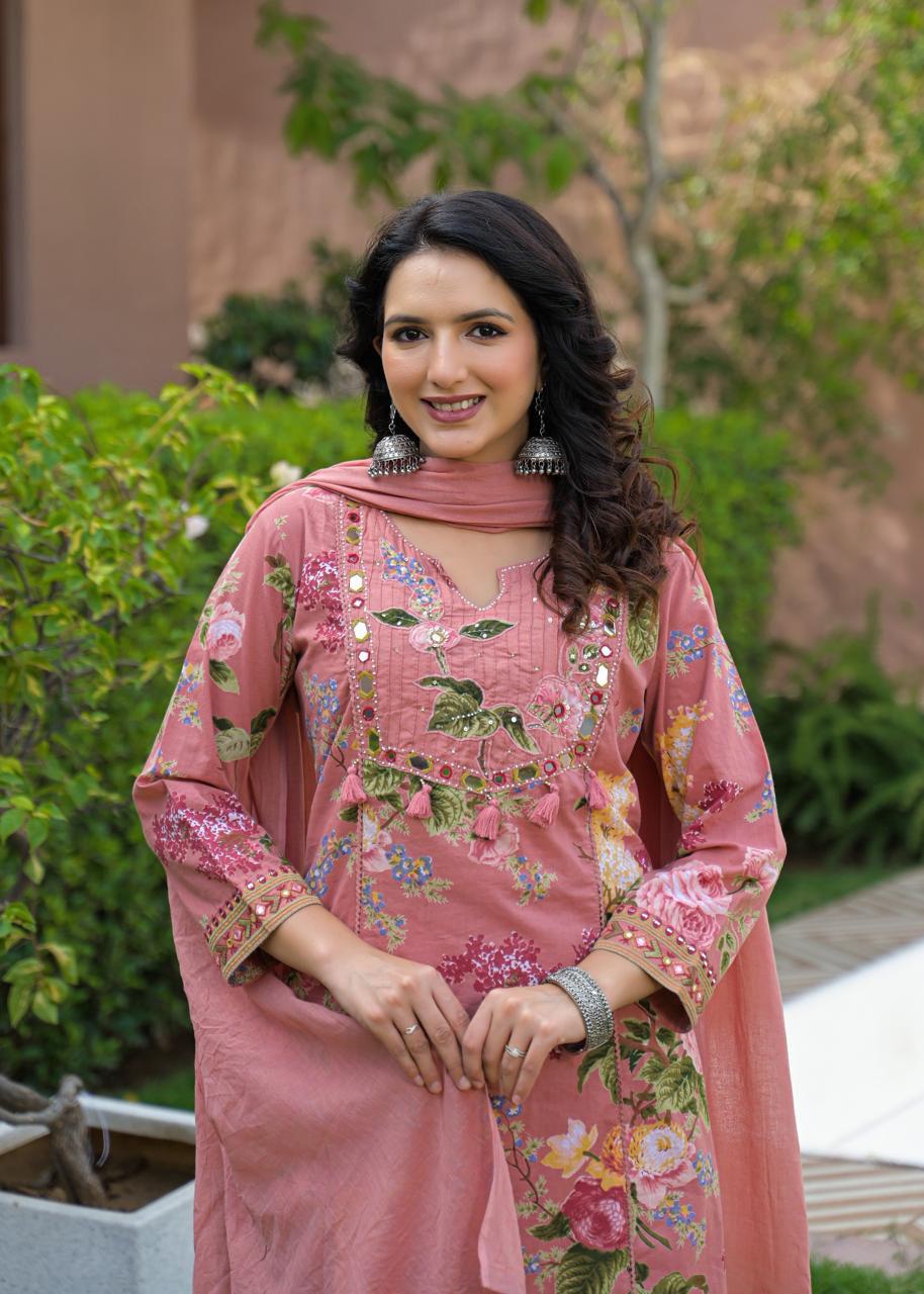Peach straight A line with real mirror work in Pure Cotton