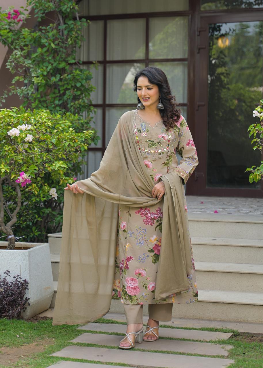 Beige brown straight A line with real mirror work in Pure Cotton