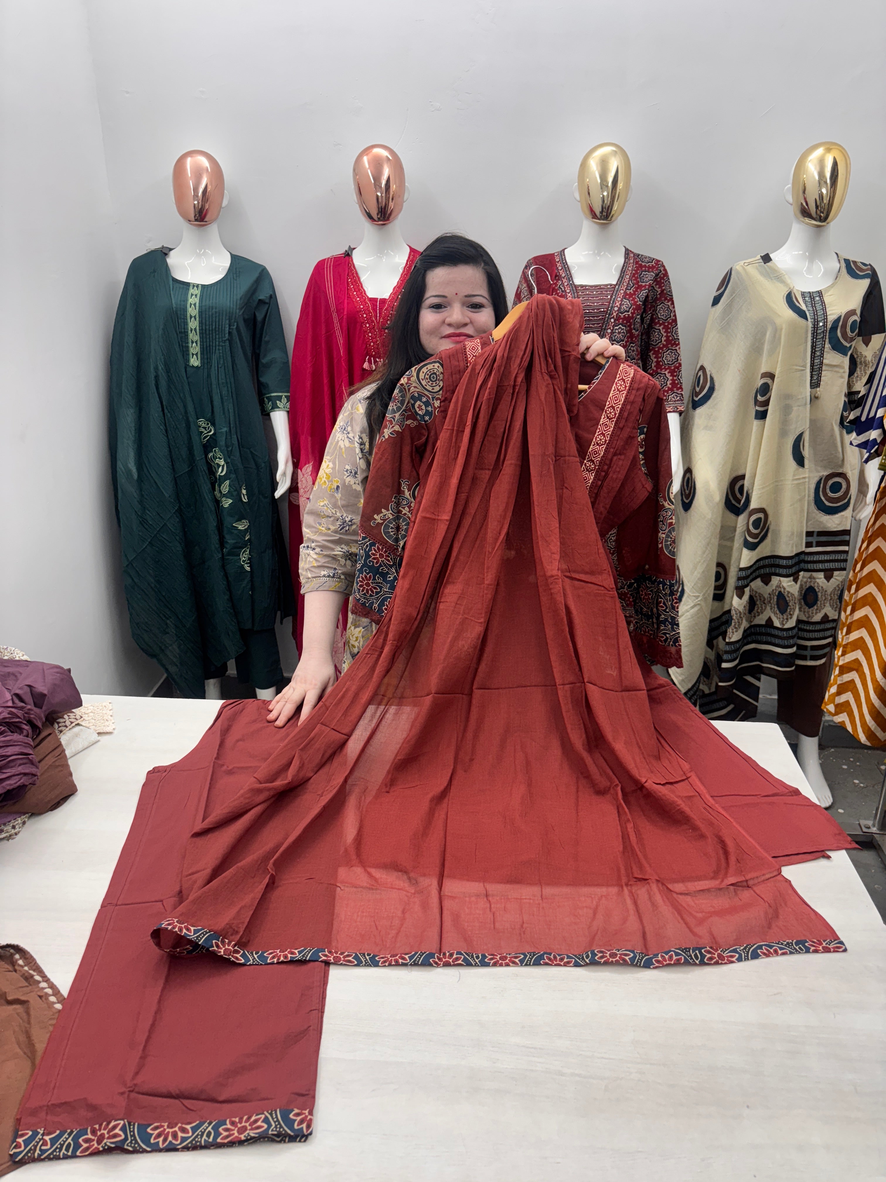 A line plazzo dupatta suit set with front pocket and embroidery detailing on neck