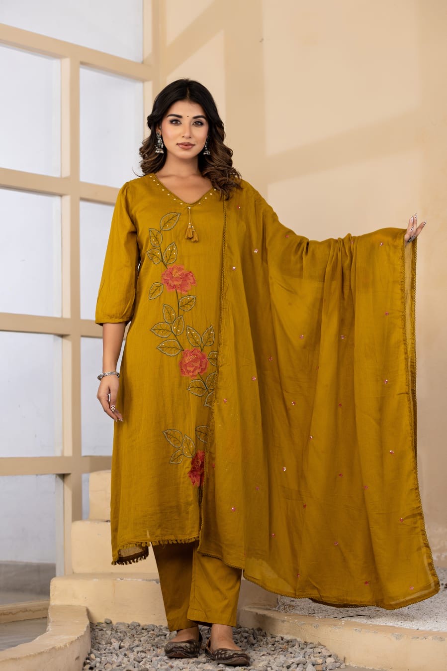 Mustard Yellow Floral Embroidered Kurta Set with Dupatta for Women | Elegant Festive Ethnic Wear
