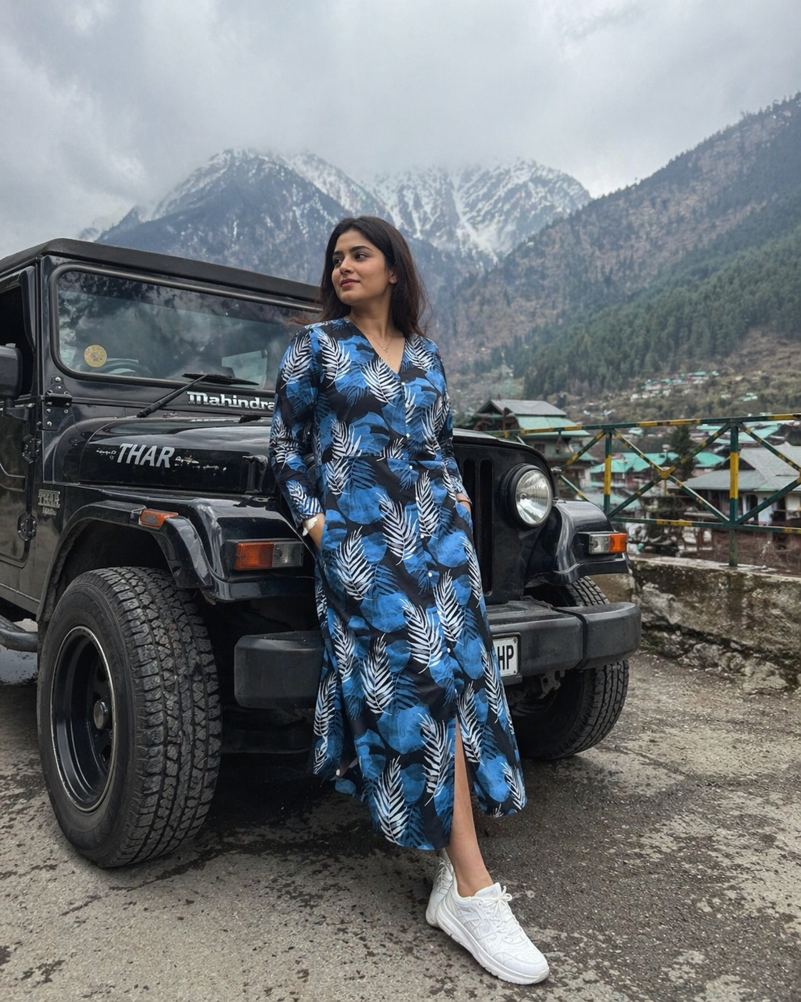 Blue Tropical Leaf Print Midi Dress for Women | V-Neck Button-Down Cotton Dress with Side Slit | Casual Travel Summer Outfit