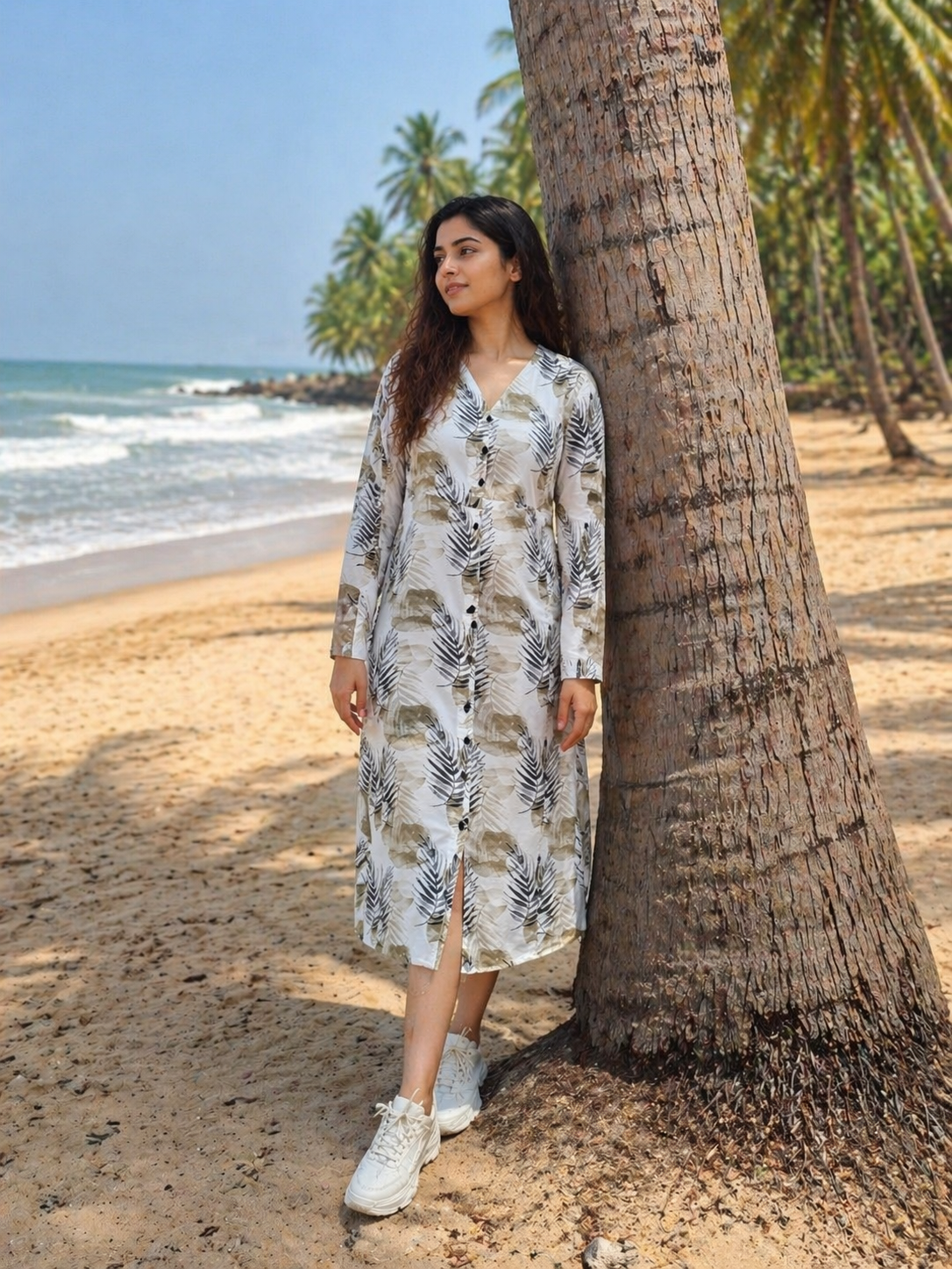 Beige Tropical Leaf Print Midi Dress for Women | V-Neck Button-Down Cotton Dress with Side Slit | Beach Vacation Summer Outfit