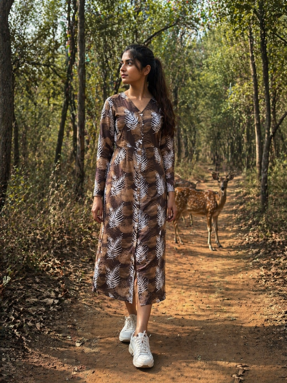 Brown Tropical Leaf Print Midi Dress for Women | V-Neck Button-Down Cotton Dress with Front Slit | Casual Autumn Travel Outfit