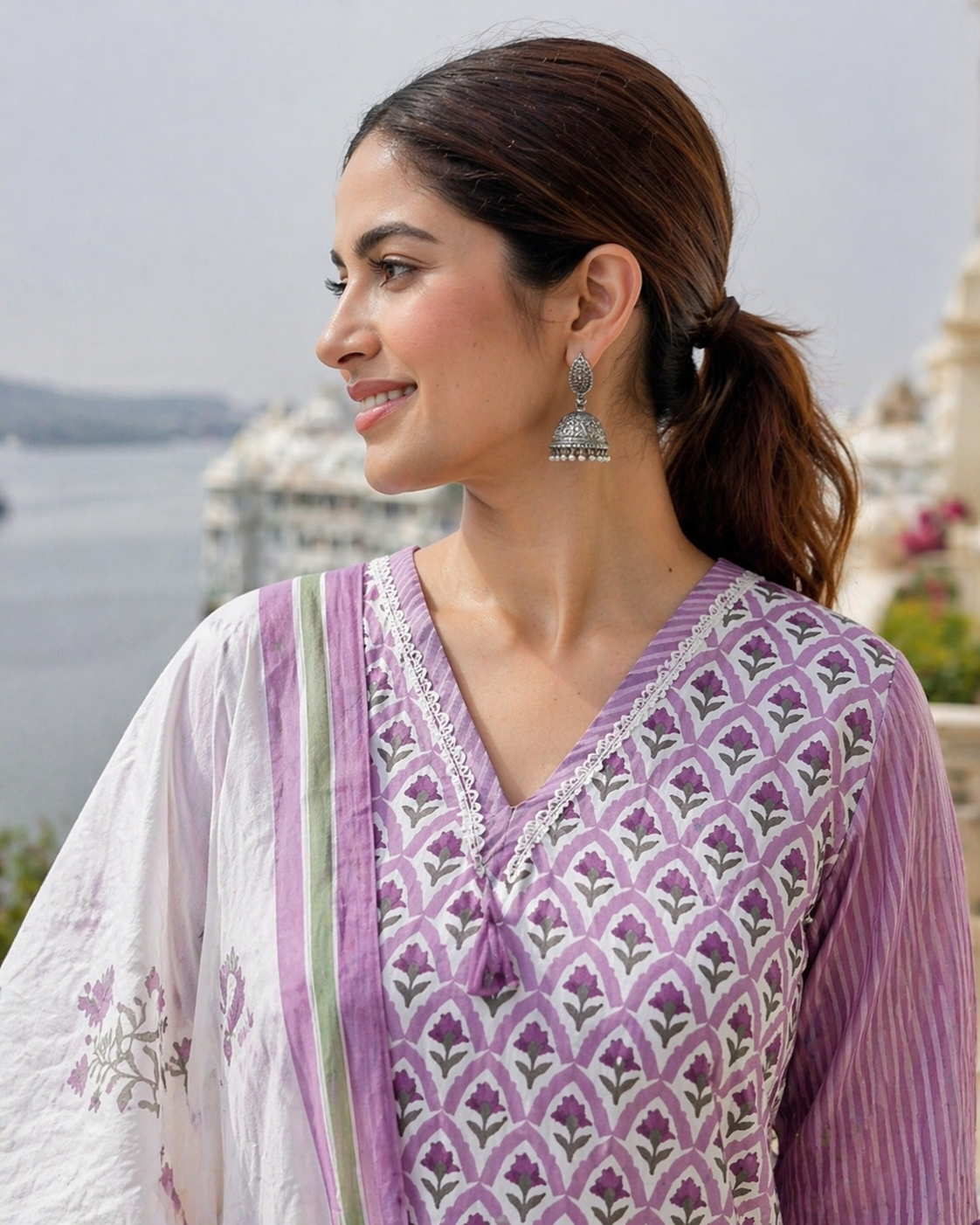 Lavender Bloom Cotton 3-Piece Suit Set with Dupatta | Jaipuri Printed Kurta Set for Women | Elegant Ethnic Wear