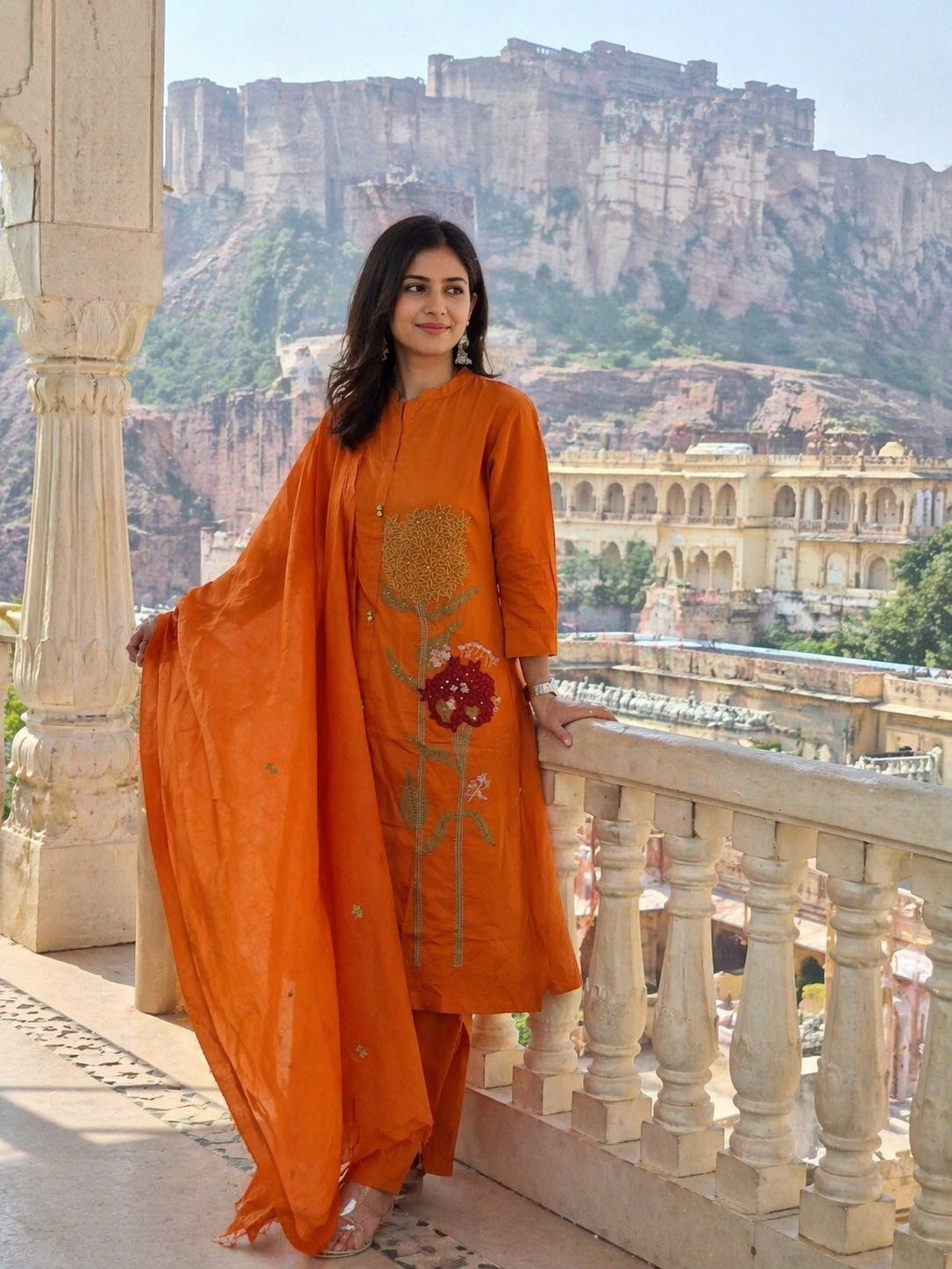 Rust Orange Floral Embroidered Cotton 3 Piece Suit Set with Dupatta | Jaipuri Ethnic Kurta Pant Set for Women