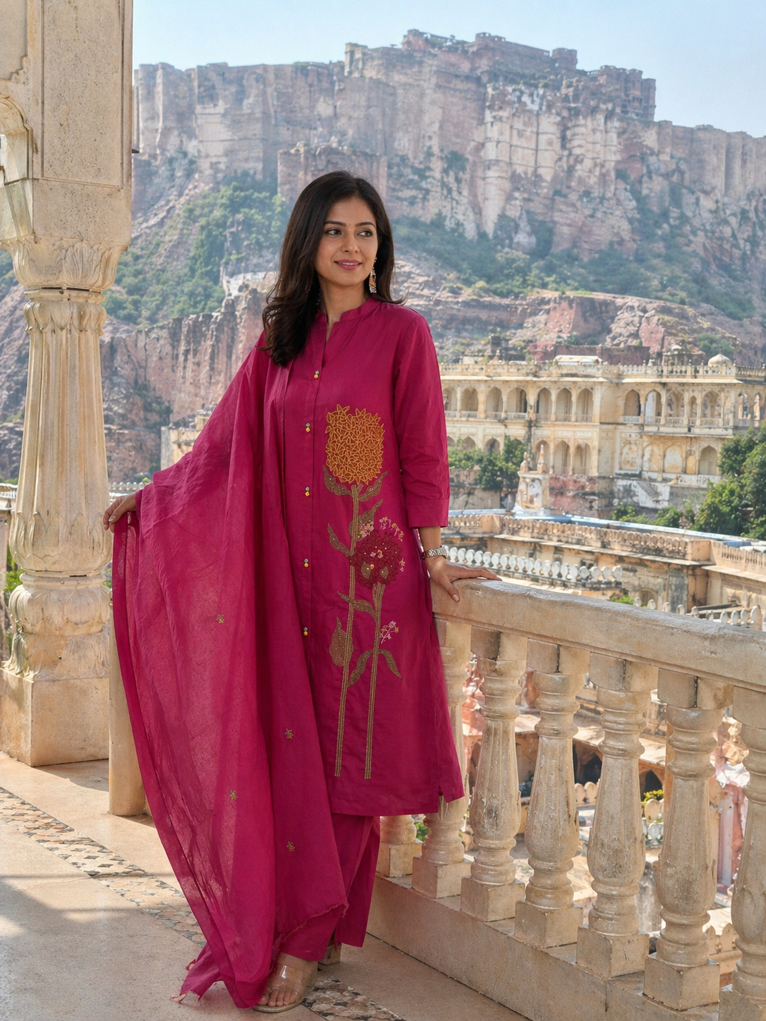 Rani Pink Handblock Printed Cotton 3 Piece Suit Set with Dupatta | Ethnic Kurta Pant Set for Women | Festive & Daily Wear