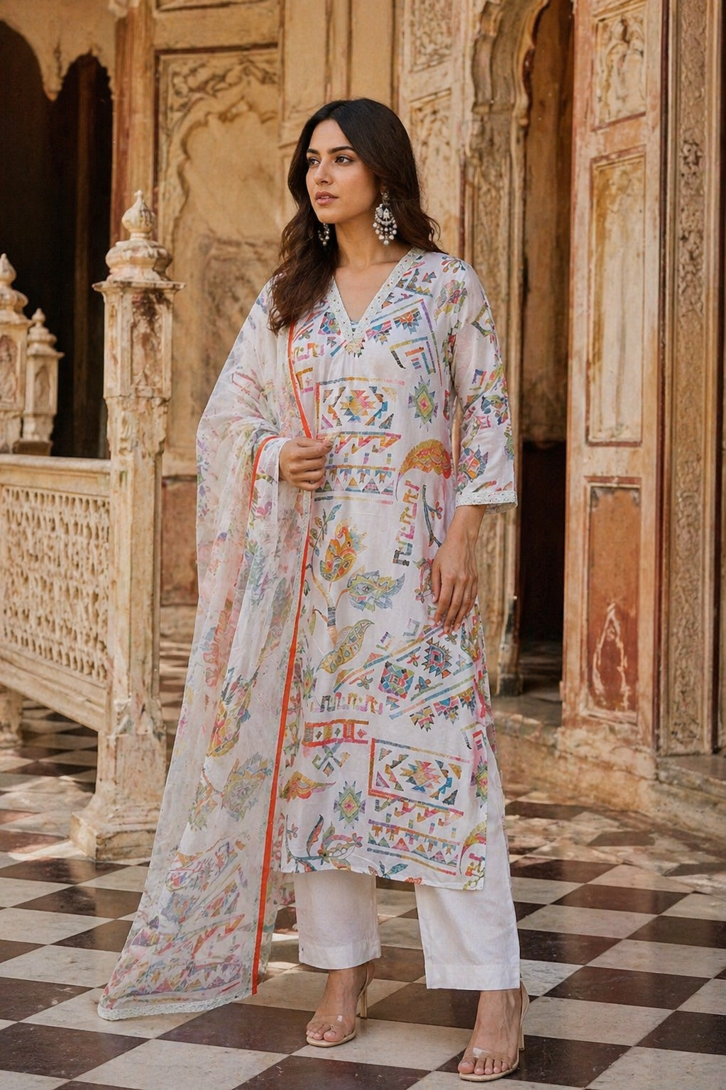 White Multicolor Printed Cotton Kurta Set with Dupatta for Women | Elegant 3-Piece Ethnic Suit