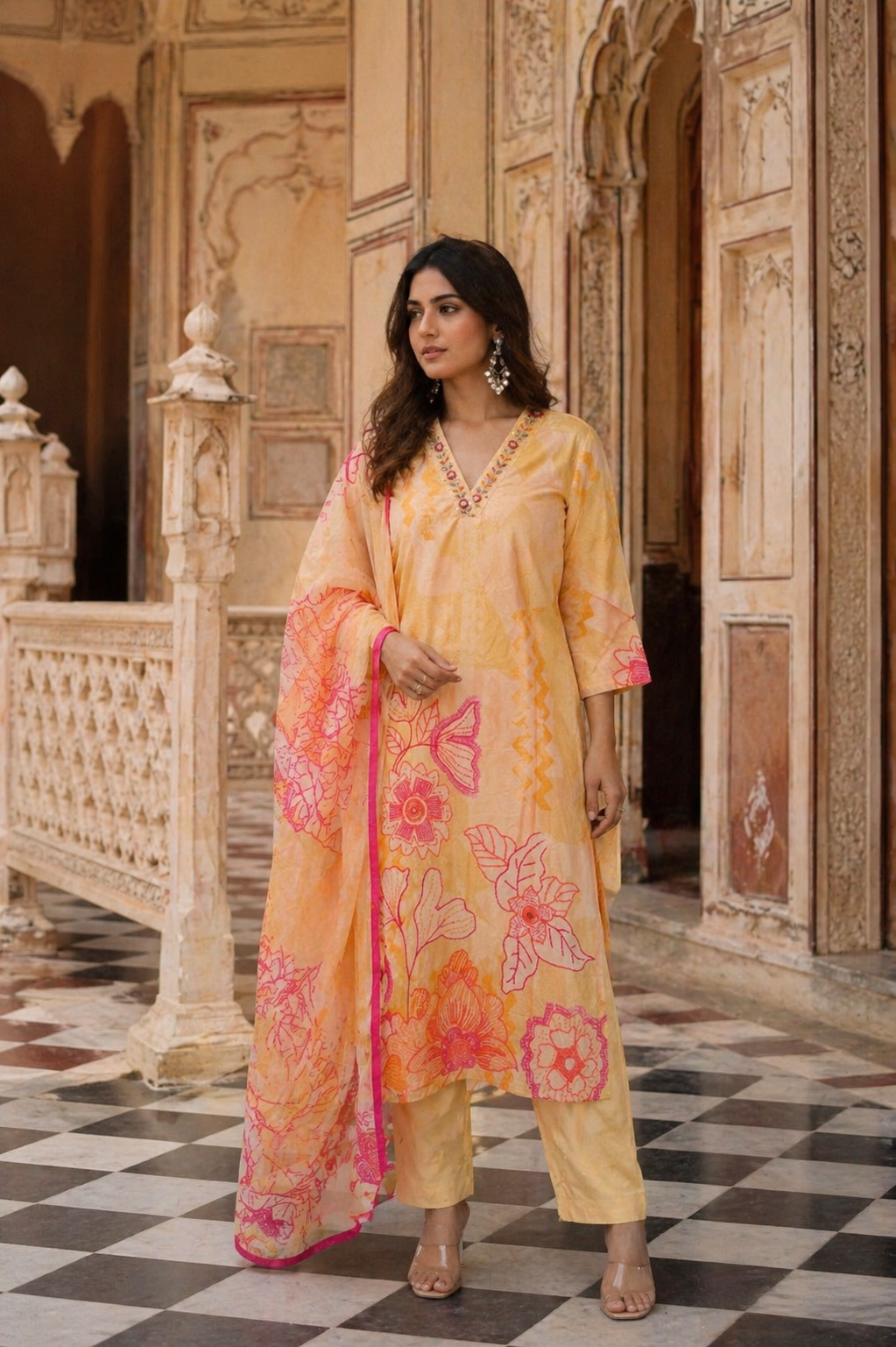 Women’s Yellow Floral Printed Cotton Kurta Set with Dupatta | Elegant Ethnic 3-Piece Suit for Festive & Casual Wear`