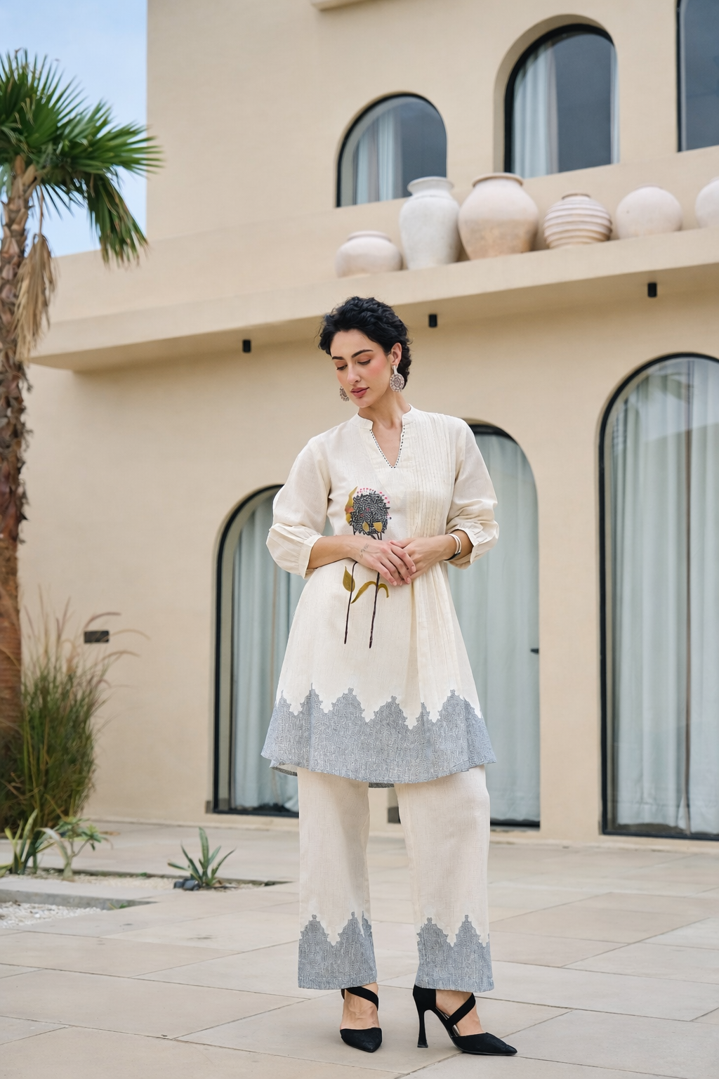 Elegant Off-White Cotton Kurta Pant Set for Women with Floral Hand Print & Pintuck Detailing | Ethnic Co-ord Set | Festive & Casual Wear