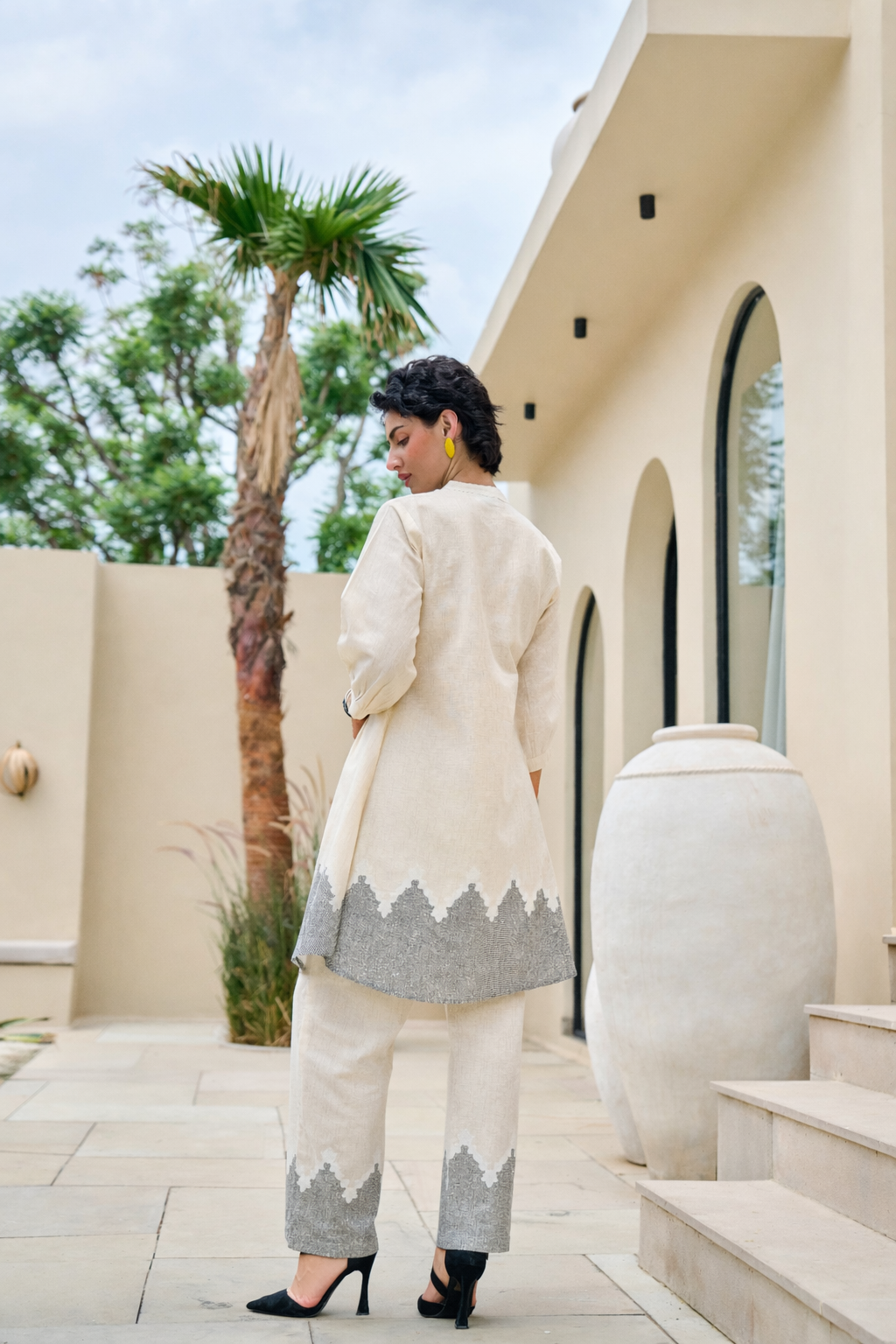 Elegant Off-White Cotton Kurta Pant Set for Women with Floral Hand Print & Pintuck Detailing | Ethnic Co-ord Set | Festive & Casual Wear