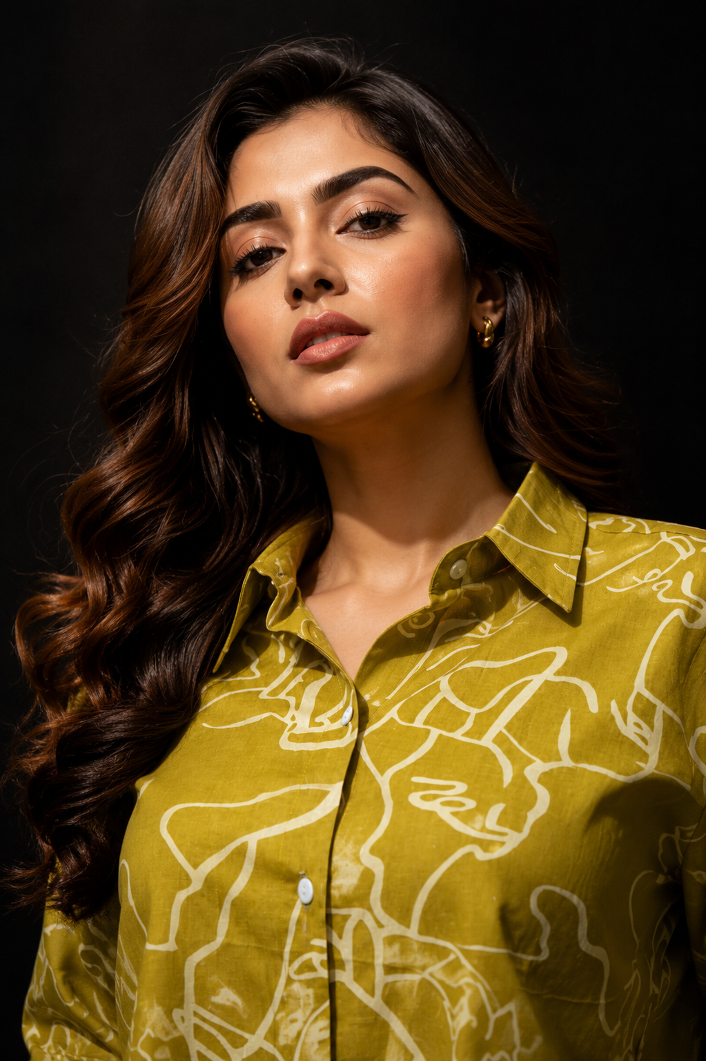 Olive Green Abstract Print Satin Co-Ord Set for Women | Premium Shirt & Wide Leg Palazzo Co Ord Set | Contemporary Resort Wear Matching Set | Vacation Outfit for Women