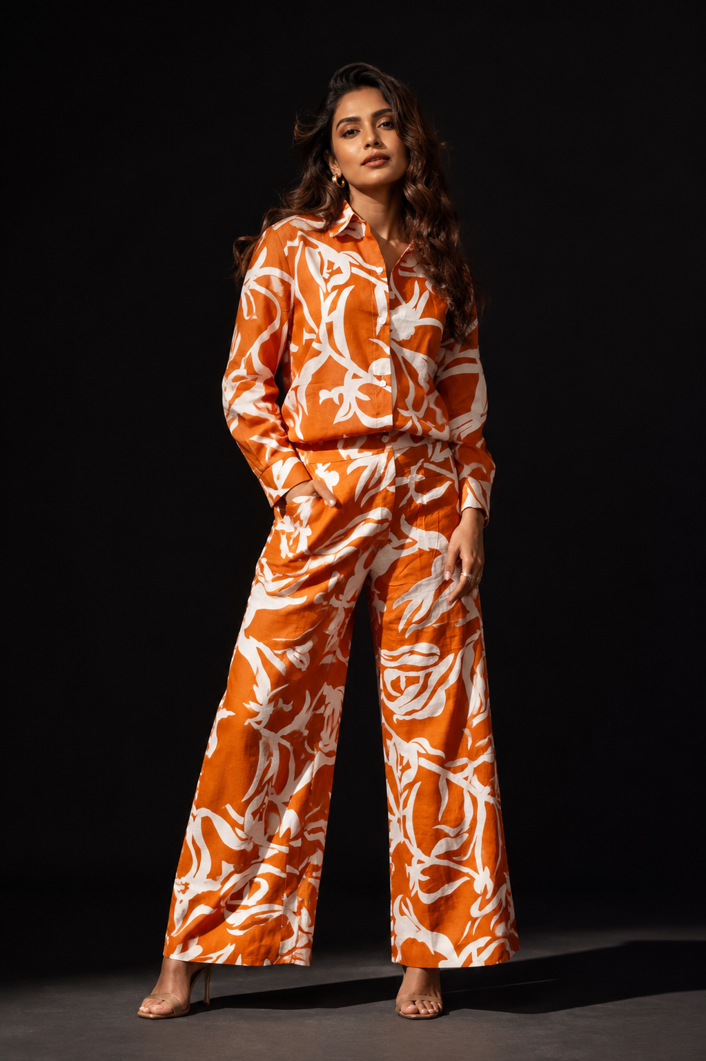 Orange Abstract Print Satin Co-Ord Set for Women | Premium Shirt & Wide Leg Palazzo Co Ord Set | Resort Wear Matching Set | Vacation Outfit for Women