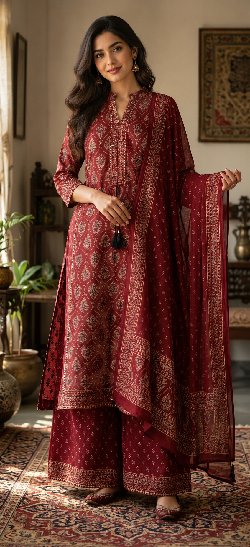 Women Maroon Printed Cotton Blend Kurta Palazzo Dupatta Set | Ethnic 3 Piece Suit Set for Women | Traditional Festive Wear Salwar Suit