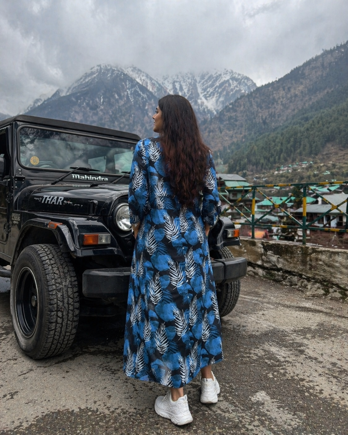 Blue Tropical Leaf Print Midi Dress for Women | V-Neck Button-Down Cotton Dress with Side Slit | Casual Travel Summer Outfit