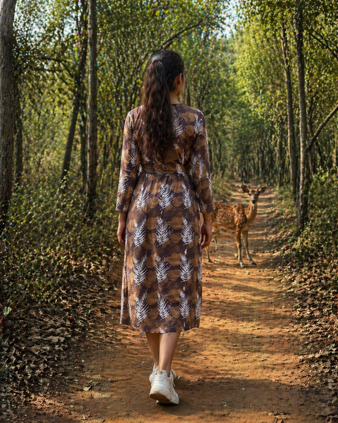 Brown Tropical Leaf Print Midi Dress for Women | V-Neck Button-Down Cotton Dress with Front Slit | Casual Autumn Travel Outfit