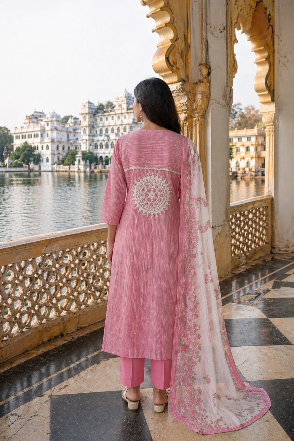 Blush Pink Cotton 3 Piece Suit Set with Floral Printed Organza Dupatta | Elegant Ethnic Kurta Pant Set for Women