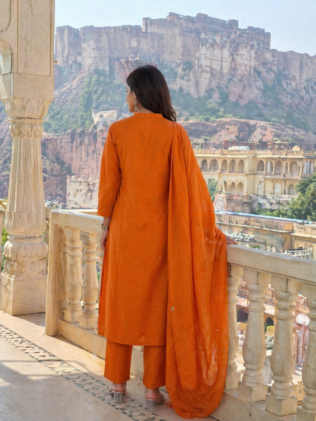 Rust Orange Floral Embroidered Cotton 3 Piece Suit Set with Dupatta | Jaipuri Ethnic Kurta Pant Set for Women