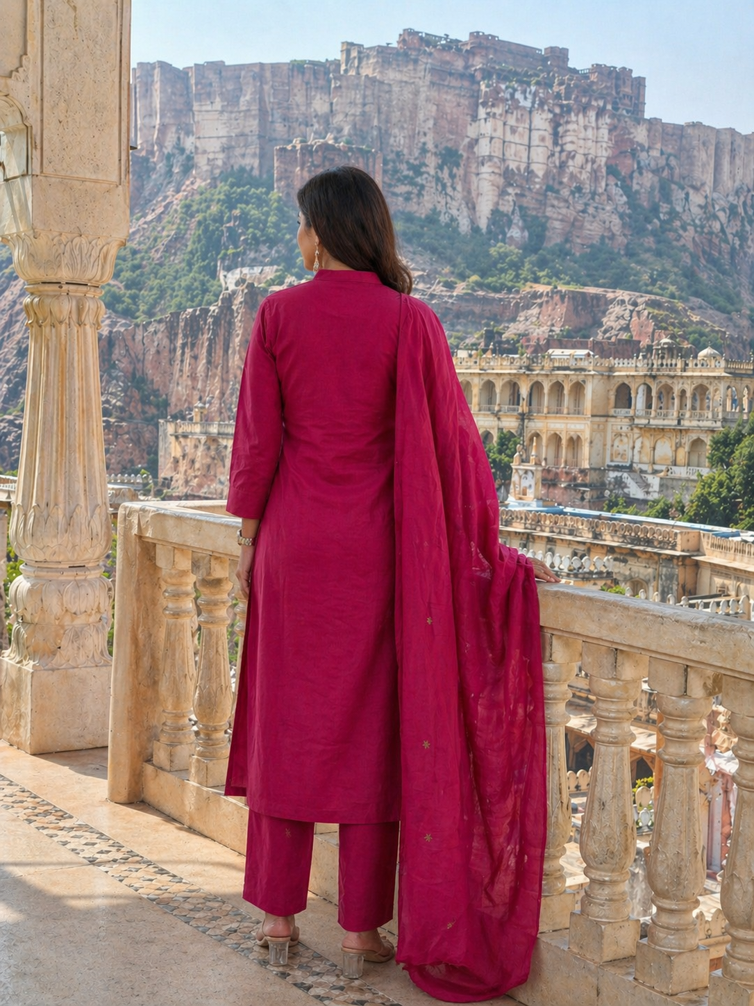 Rani Pink Handblock Printed Cotton 3 Piece Suit Set with Dupatta | Ethnic Kurta Pant Set for Women | Festive & Daily Wear