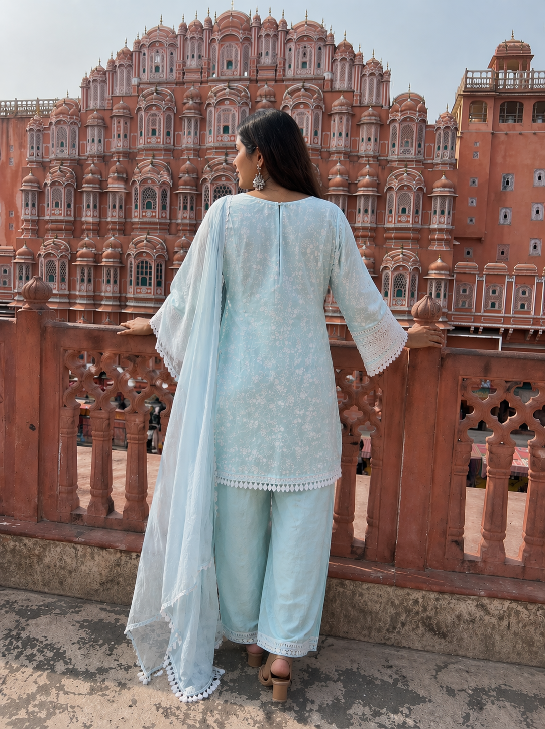 Powder Blue Cotton Chikankari 3-Piece Suit Set with Dupatta | Elegant Ethnic Kurta Set for Women