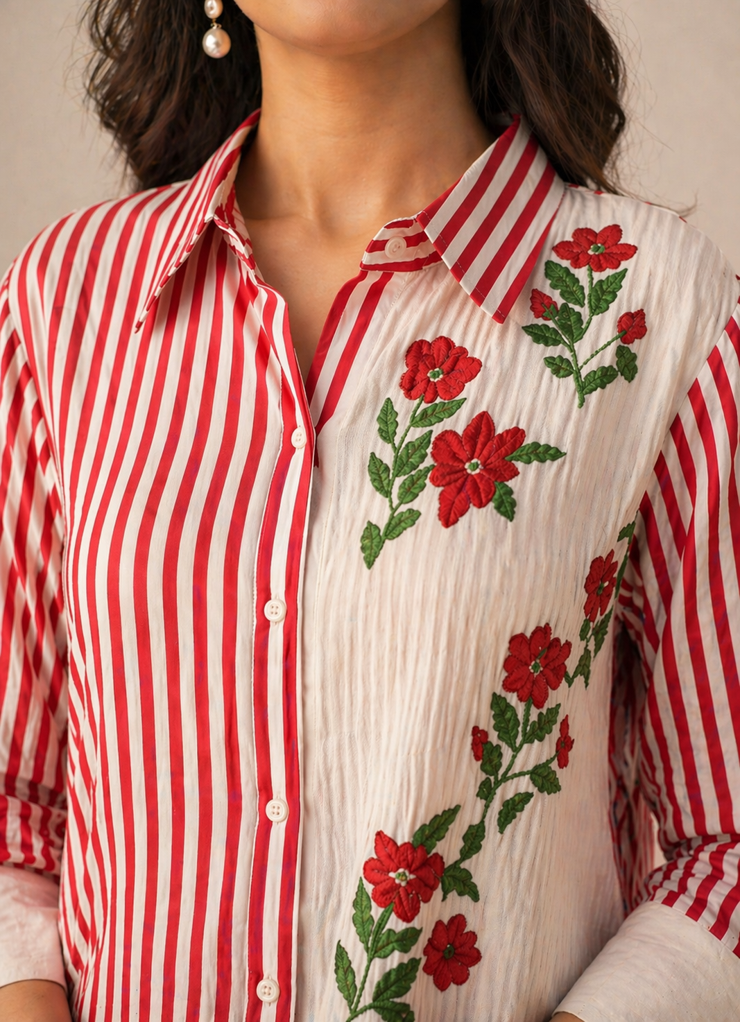 Red Stripe Floral Embroidered 3-Piece Cotton Co-Ord Suit Set for Women | Premium Jaipuri Kurta Pant Set with Dupatta