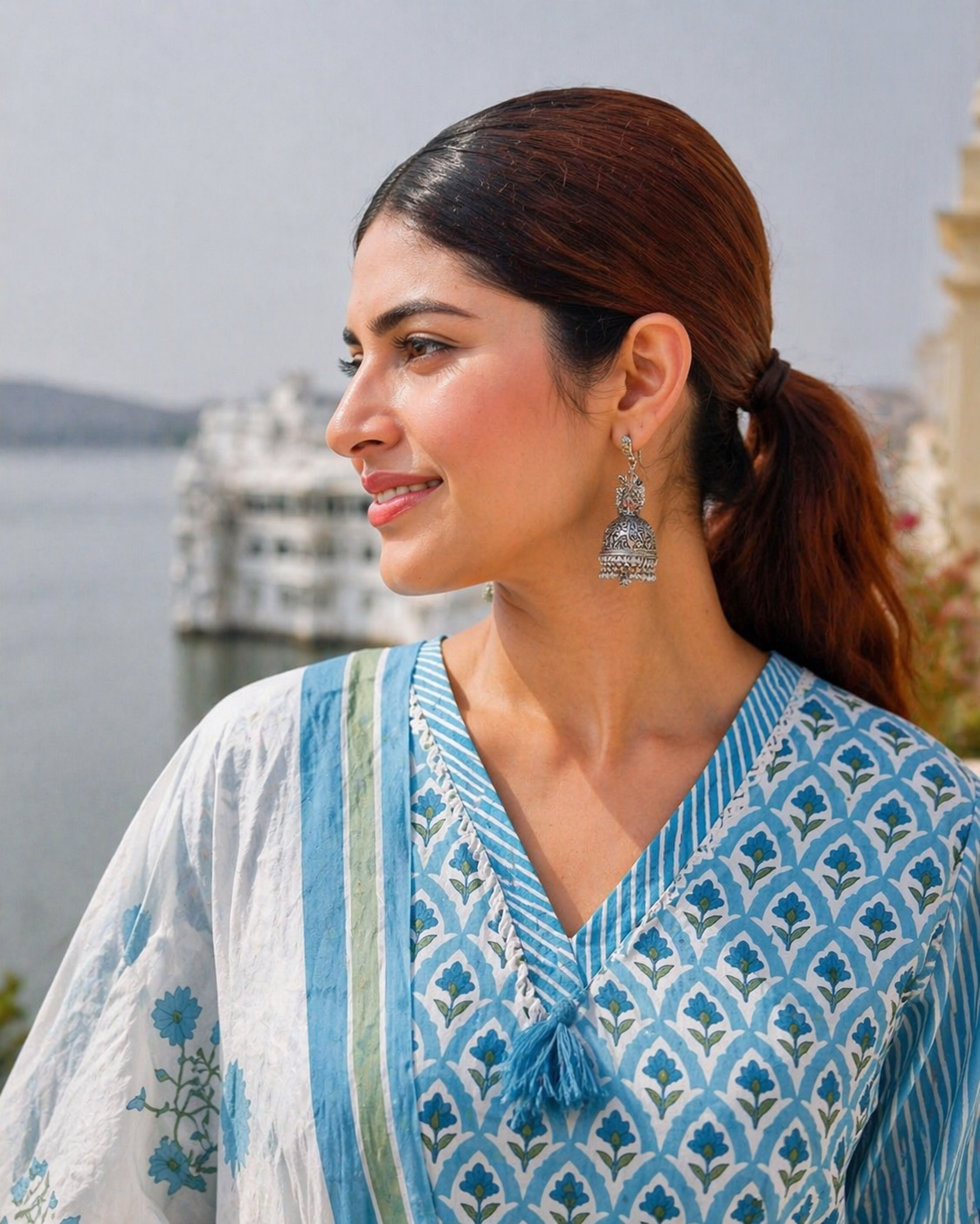 Sky Blue Handblock Cotton 3-Piece Suit Set with Dupatta – Elegant Jaipuri Print Kurta Set for Women