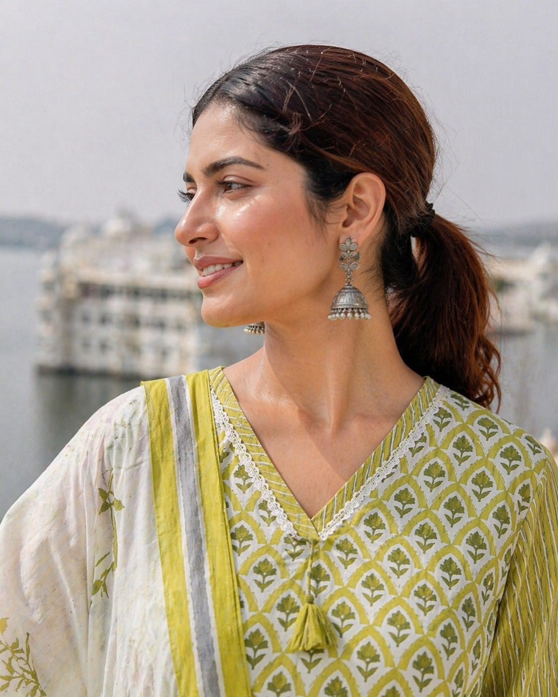 Lime Green Handblock Cotton 3-Piece Suit Set with Kota Doria Dupatta | Jaipuri Printed Kurta Set for Women