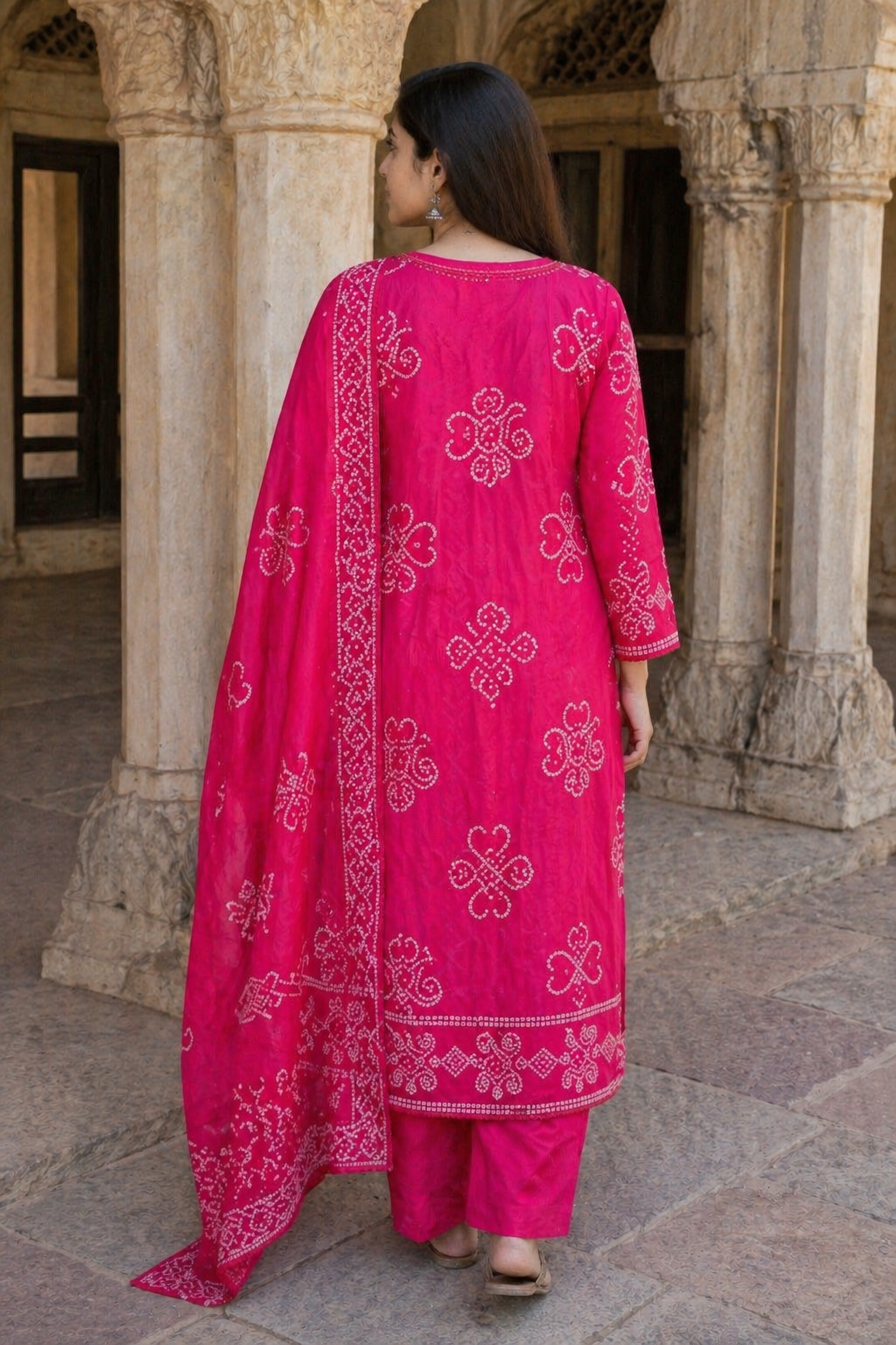 Hot Pink Bandhani Printed Cotton Kurta Pant Dupatta Set for Women | Ethnic 3 Piece Suit | Festive & Casual Wear