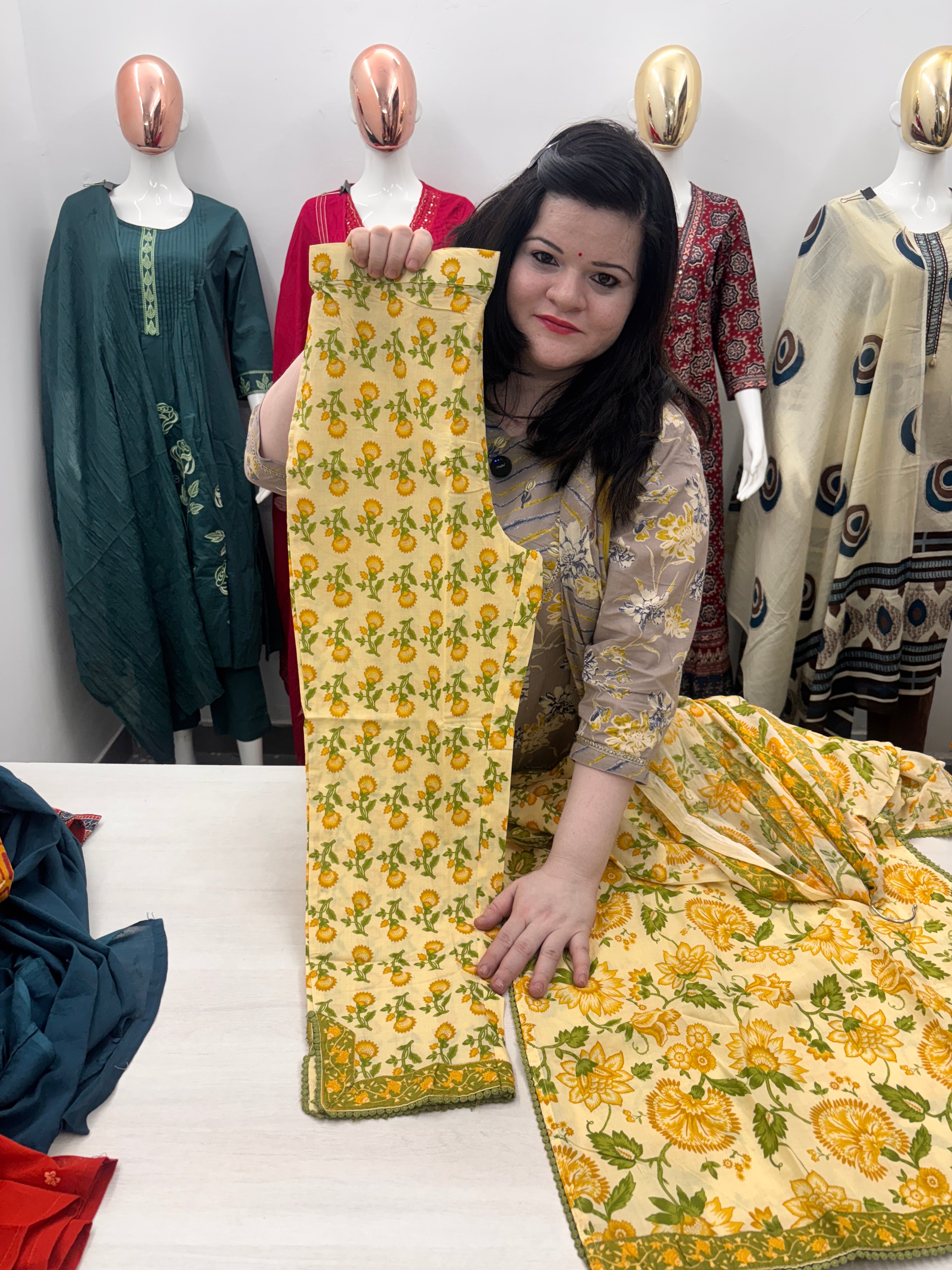 Cotton floral print designer pintex straight kurta with stylish pant