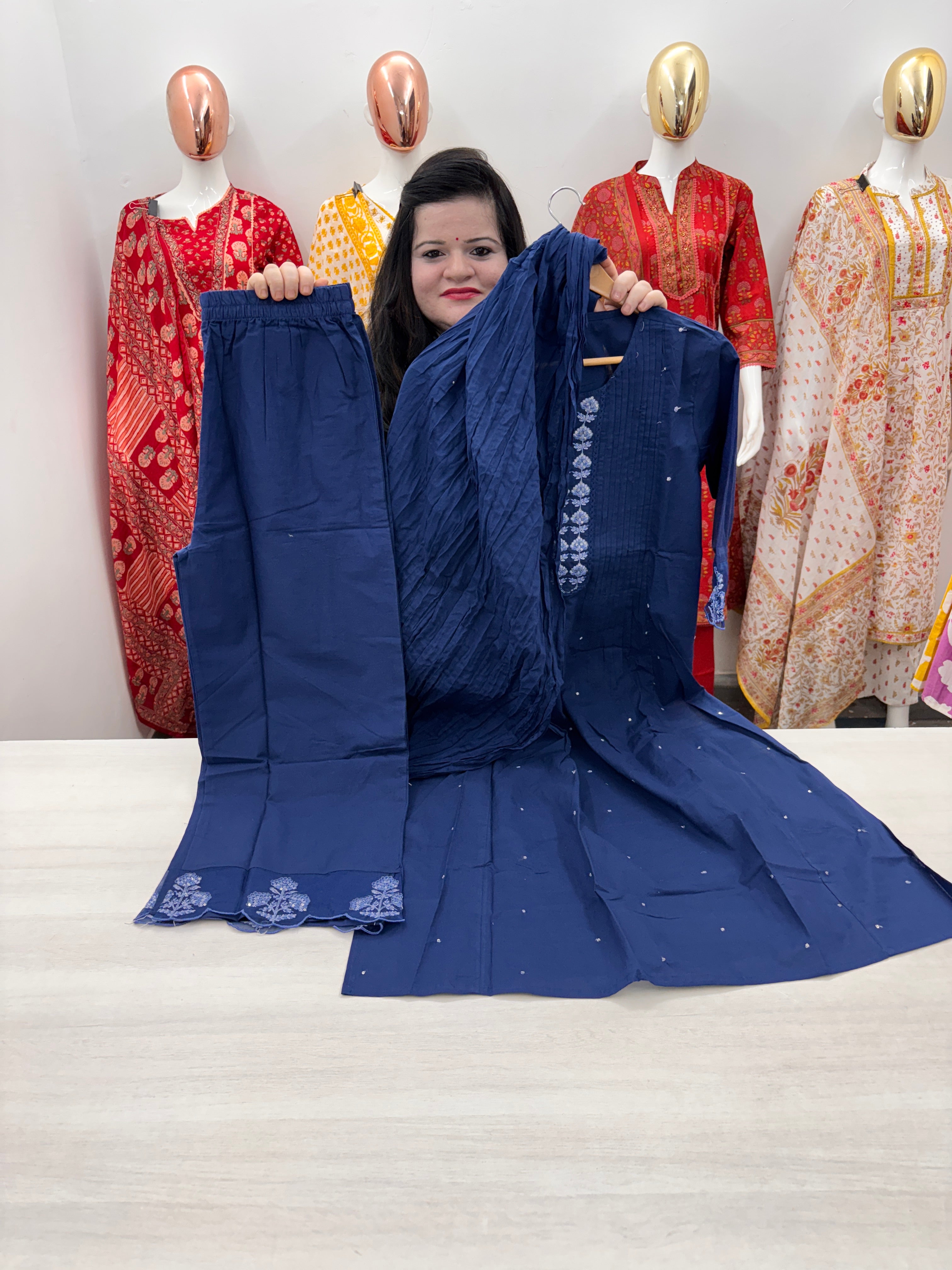 Premium Cotton A line Pintex Kurta with Plazzo Bottom, Organza embroidered lace detailing