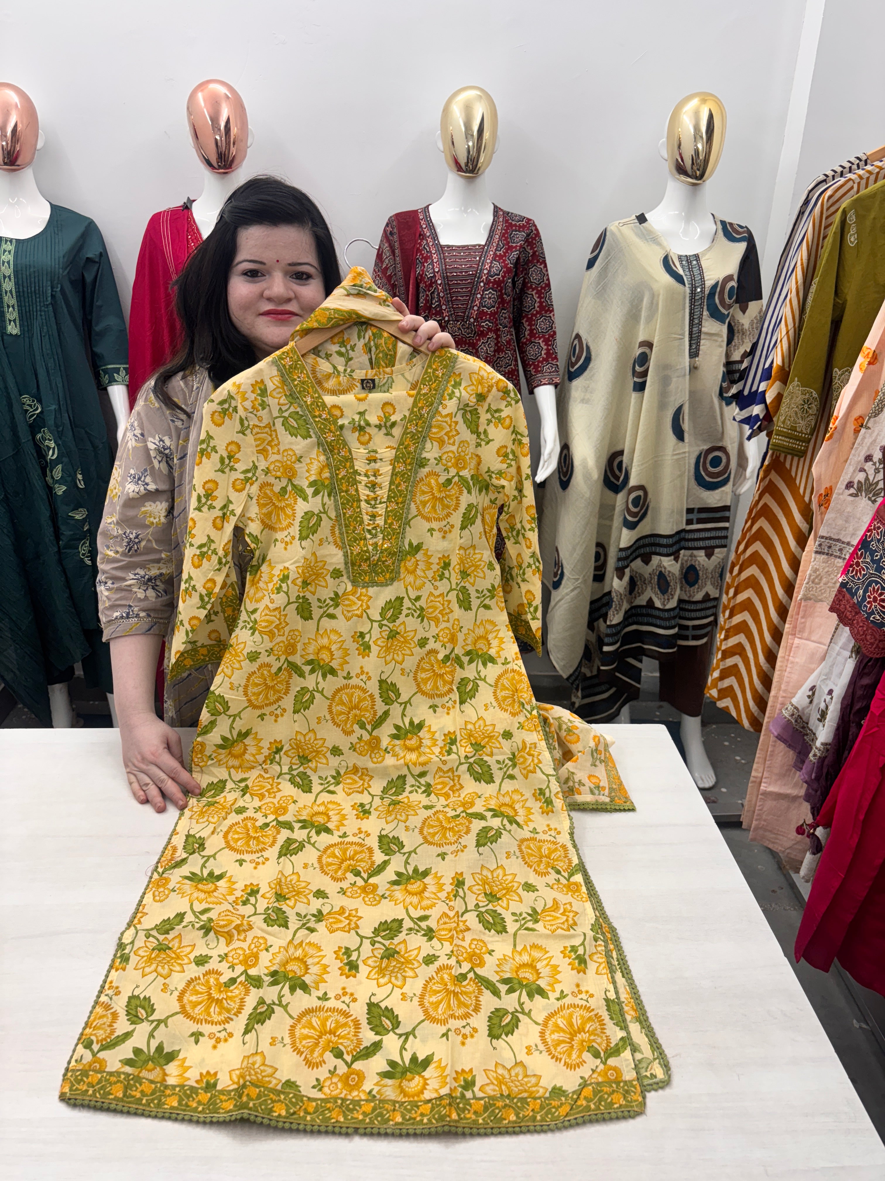 Cotton floral print designer pintex straight kurta with stylish pant