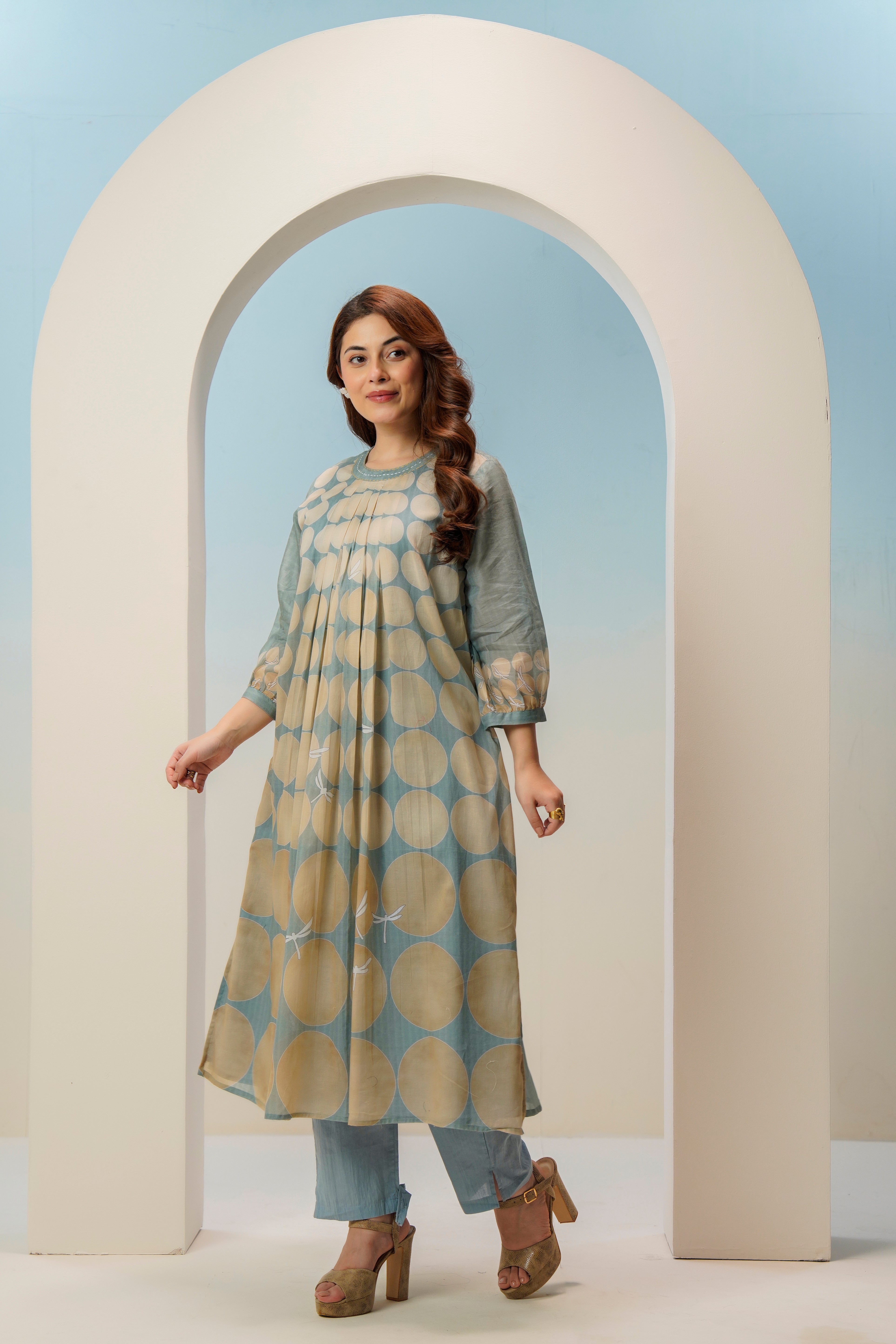 Sage Blue & Beige Polka Dot A-Line Kurta Set for Women | Premium Cotton Silk Indo-Western Kurta with Pants