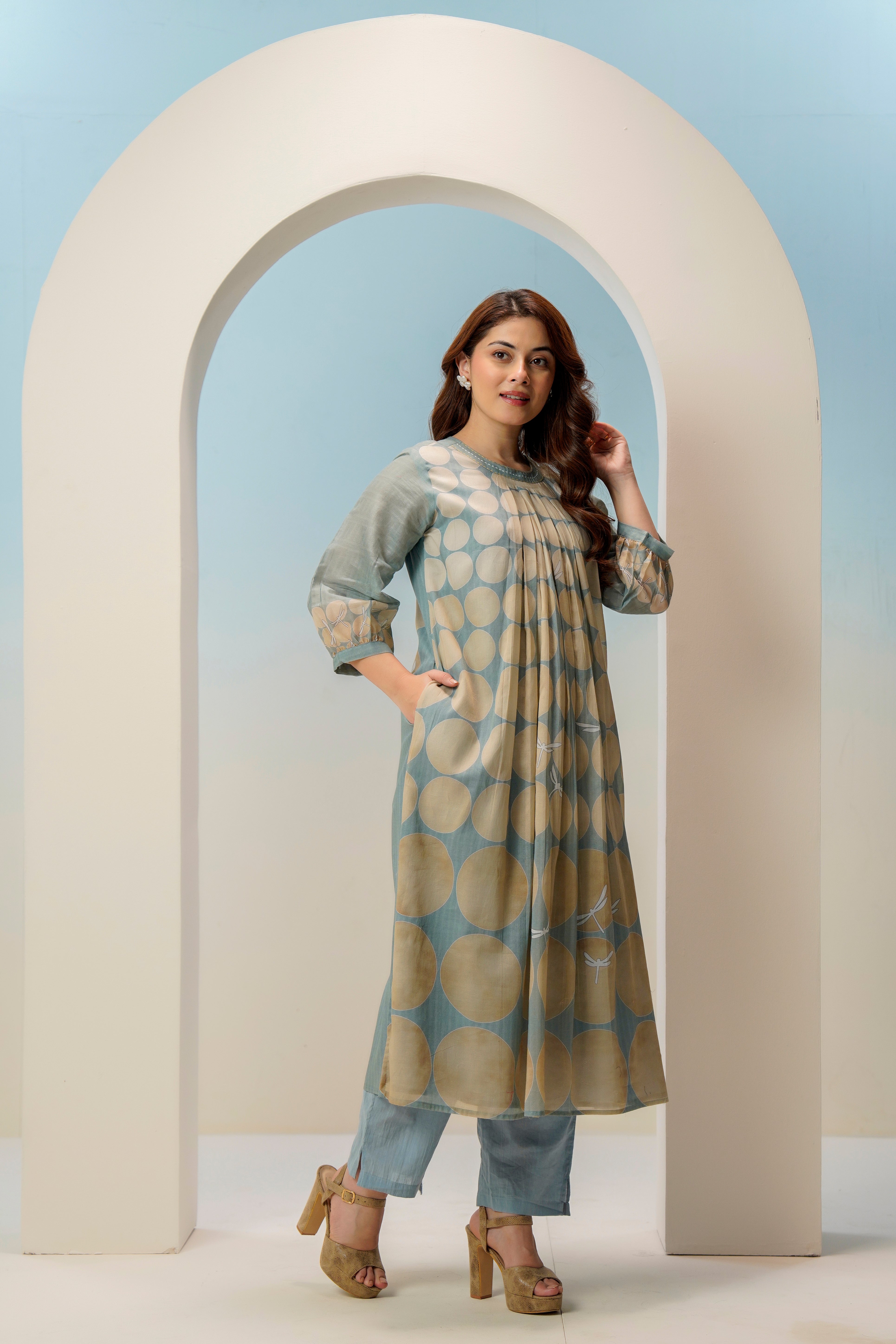 Sage Blue & Beige Polka Dot A-Line Kurta Set for Women | Premium Cotton Silk Indo-Western Kurta with Pants