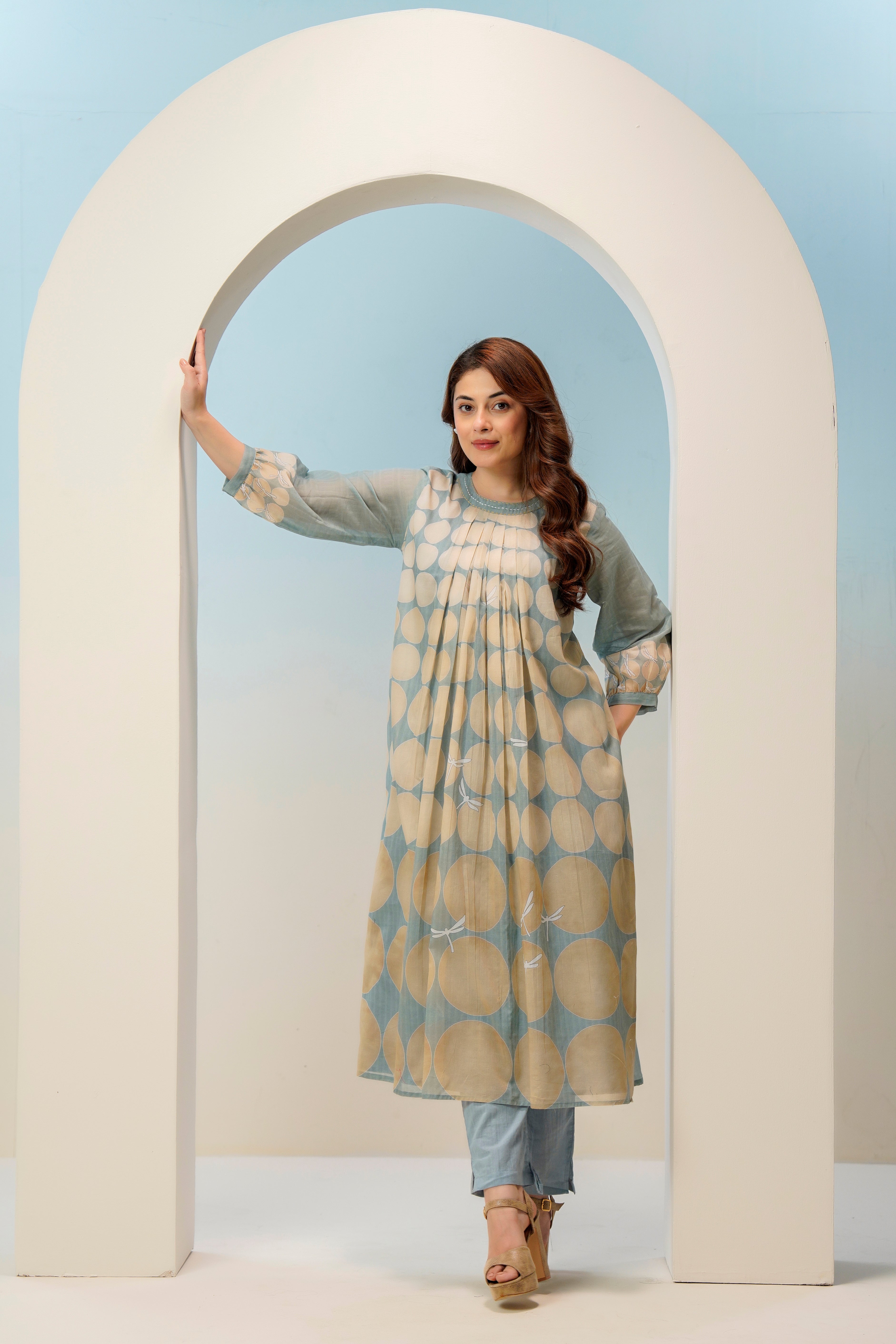 Sage Blue & Beige Polka Dot A-Line Kurta Set for Women | Premium Cotton Silk Indo-Western Kurta with Pants